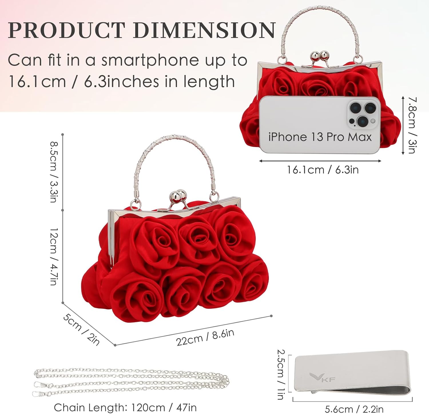 kilofly Rose Clutch Evening Purse Satin Small Bag with Detachable Strap Money Clip