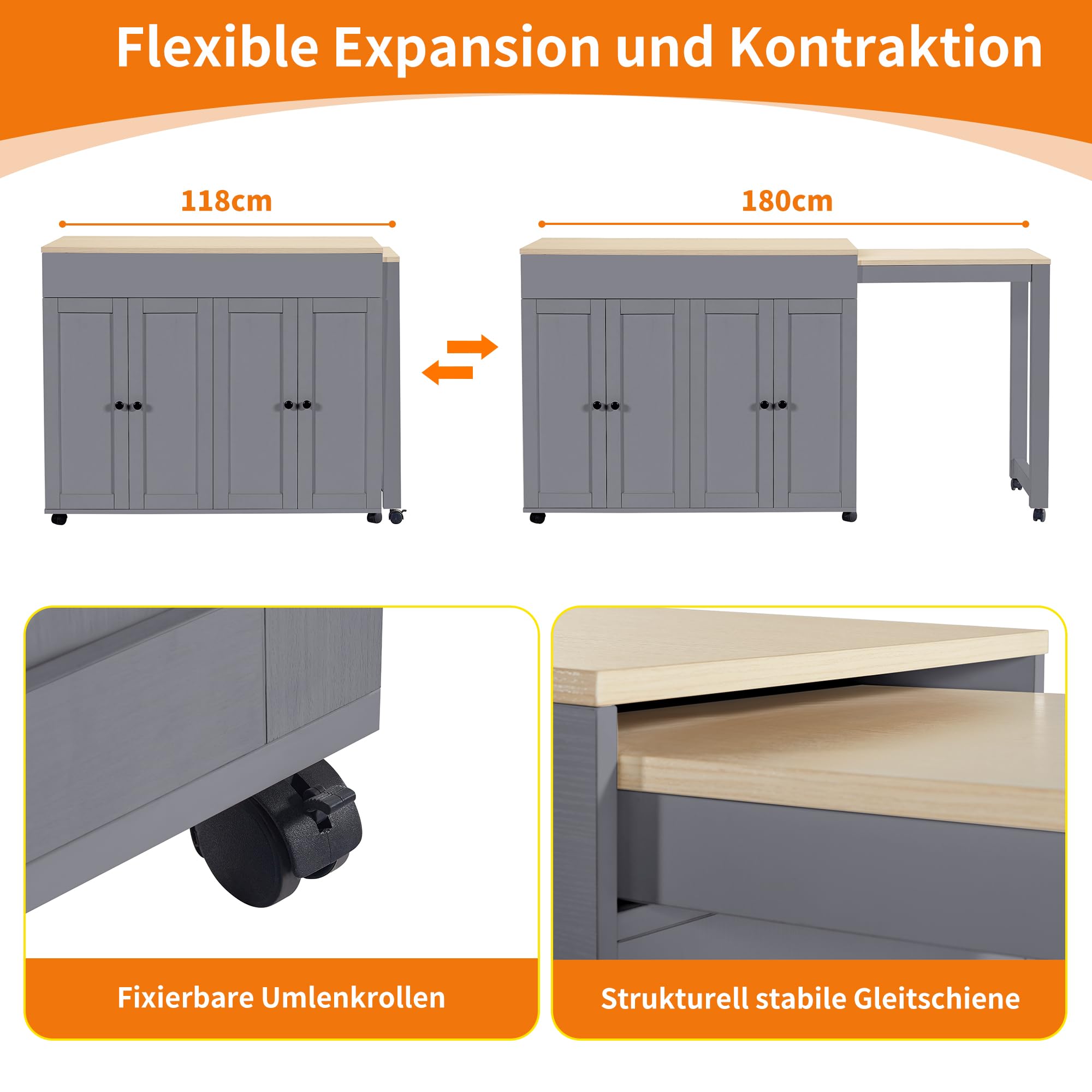 Ausziehbarer Bartisch mit Vielseitiger Stauraum, 360° Drehbarer Stehtisch Kücheninsel mit Verstellbare Tischplatte 131.5-210cm, Kücheninsel mit Rollen, Grau-B, 210x45x92 cm(Ohne Hocker)