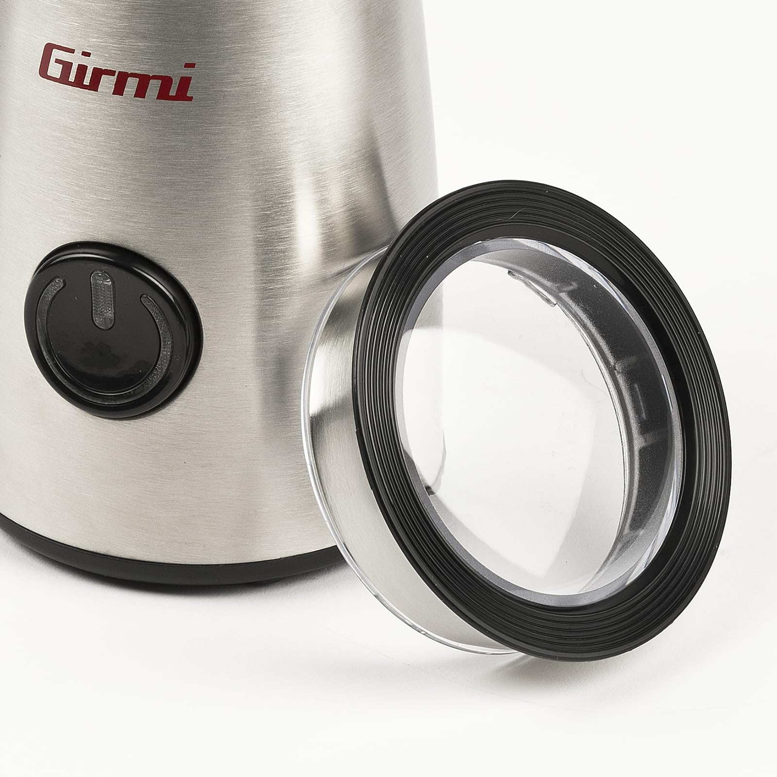 Girmi Electric Molinillo de café, 150 W, Acero Inoxidable, Capacidad 50 g, Cuchillas de Acero Inoxidable, Botón con Retroiluminación, Dispositivo de Seguridad, Moderno