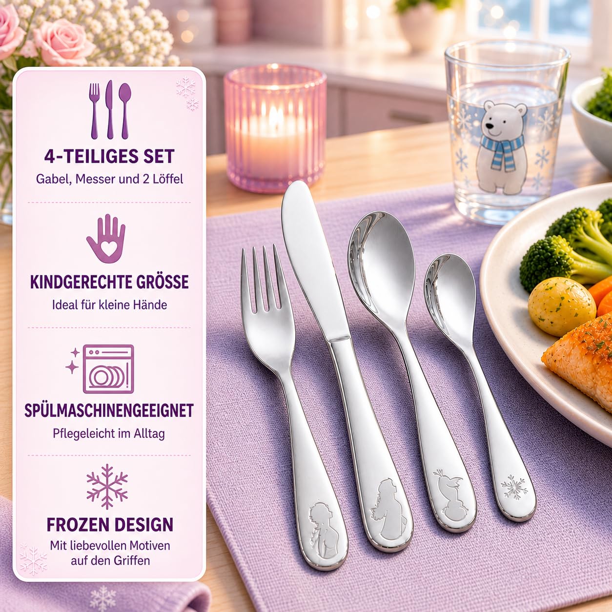 Cubiertos Infantiles De Frozen – Set De 4 Piezas Con Elsa, Anna Y Olaf, Acero Inoxidable Y Mangos De ABS, Ergonómicos Y Seguros Para Niños +4 Años, Regalo Navidad O Cumpleaños