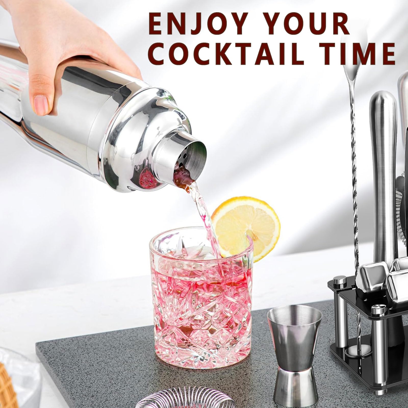 23 piezas Coctelera para Cócteles Kit Con Soporte acrílico acero inoxidable Profesional Barman Herramientas con Mortero de Cóctel colador Cuchara set de regalo para Mezclar Bebidas,Barra,hogar
