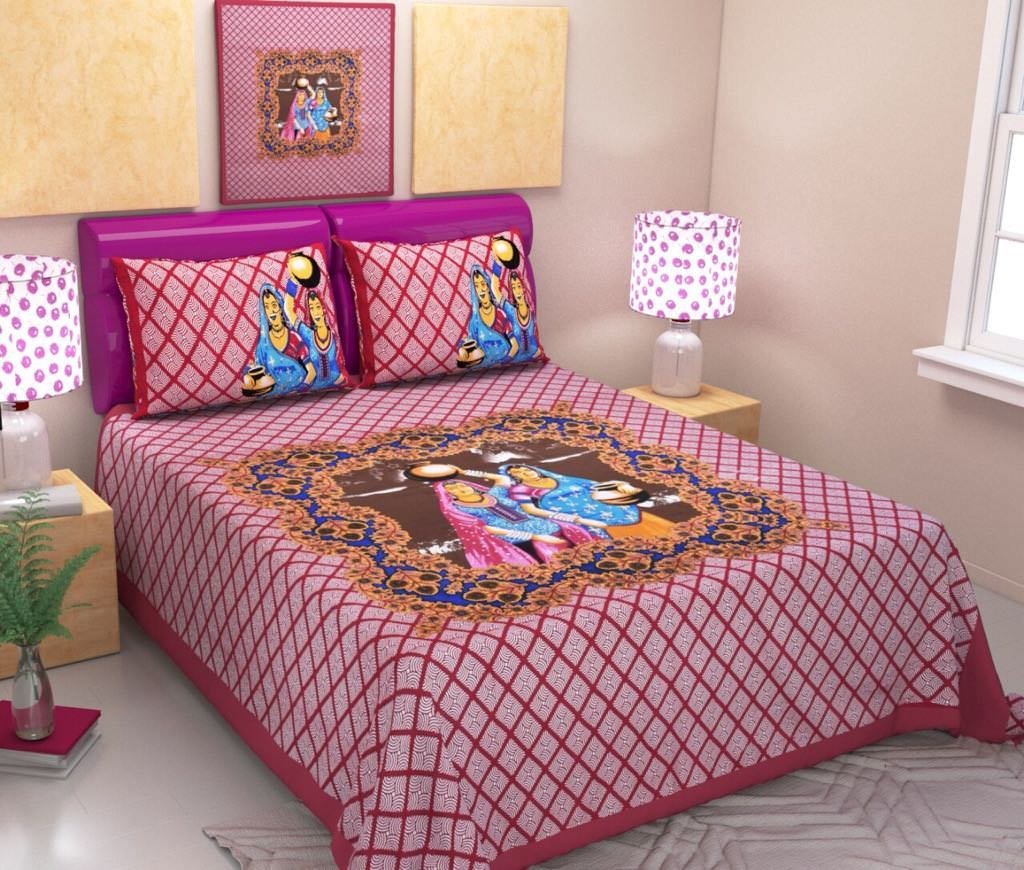 SC's Fabulous Home Jaipuri Bedsheet with 2 Pillow CasesKing SizePink