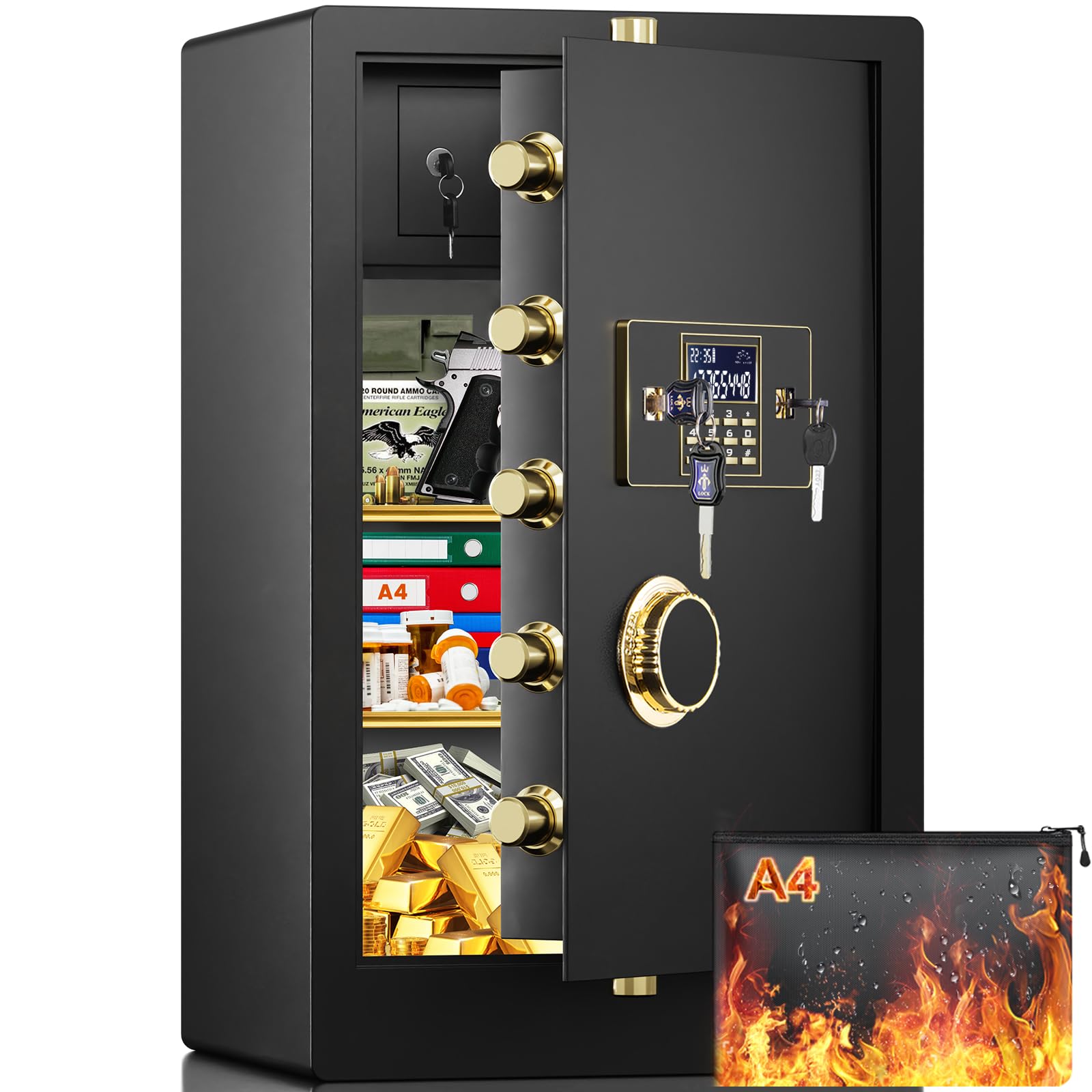 9.0 Cuft Extra Large Home Safe Feuerfest Wasserdicht Heavy Duty Stahl Safe Box mit Feuerfester Tasche, Zahlenschloss und Innenschrank, Feuerfeste Tresore für Zuhause Dokumente Wertsachen