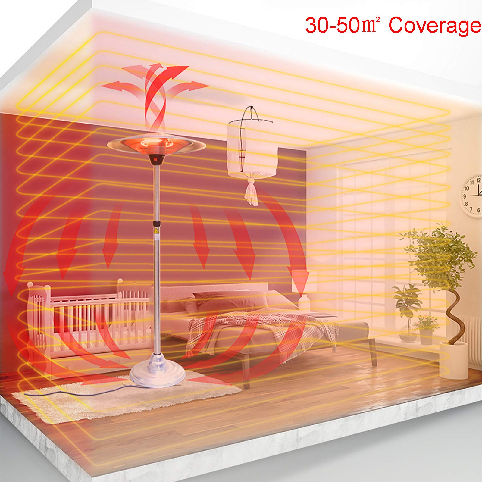 Chauffage Terrasse Électrique de Jardin, Radiateur Extérieur Autoportant en Fibre de Carbone pour Pergola ou Gazebo - 3 Réglages de Puissance - Protection Anti-Dumping