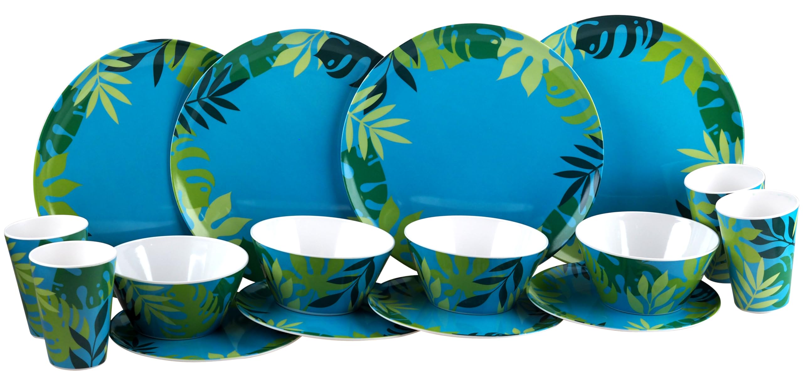 Melamine Reusable Plastic Dinner Set - Blue Green Leaf Plate Cup Bowl (16 Piece Set)