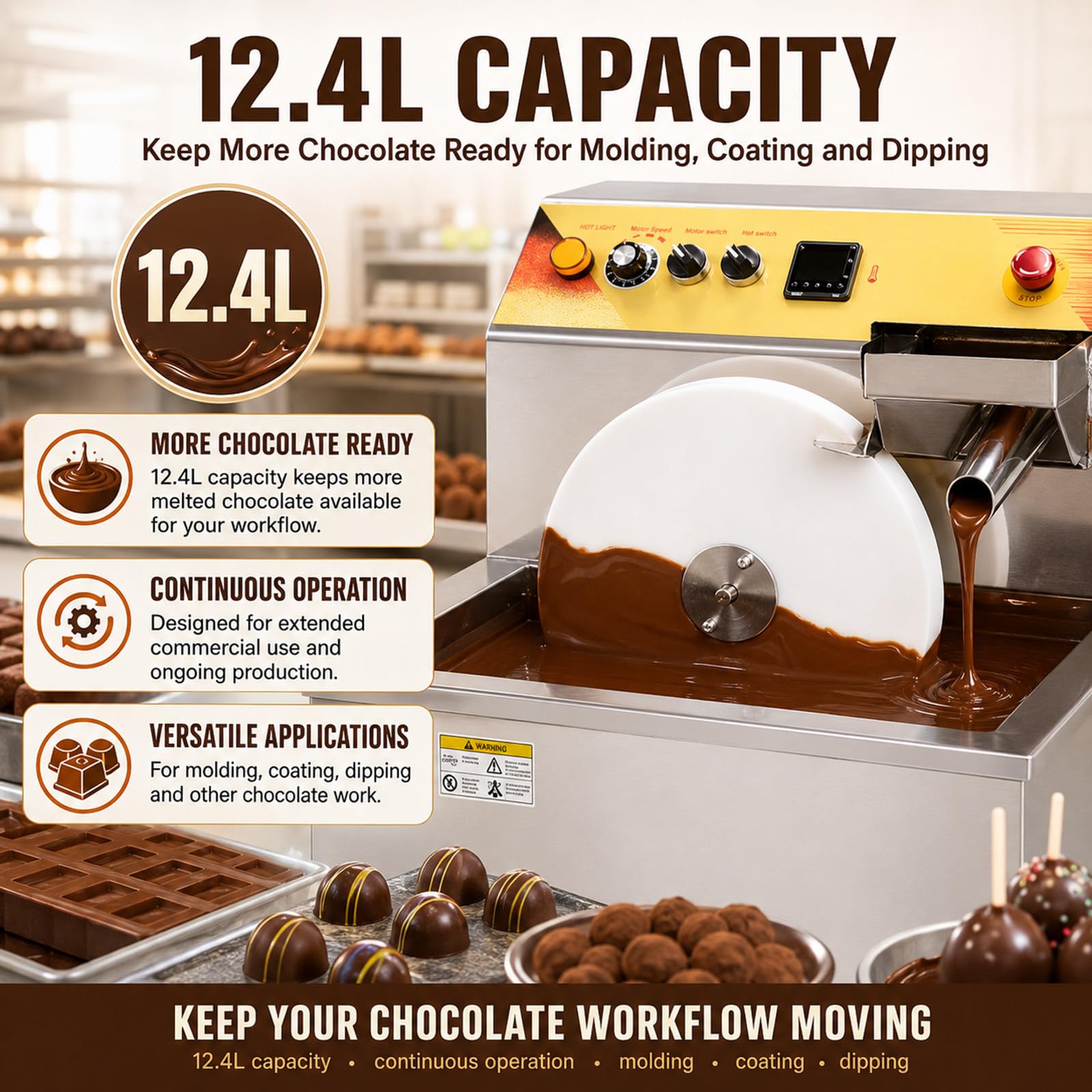 Fundidora de Chocolate Profesional 1200W 12,4 L 8 kg hasta 60°C