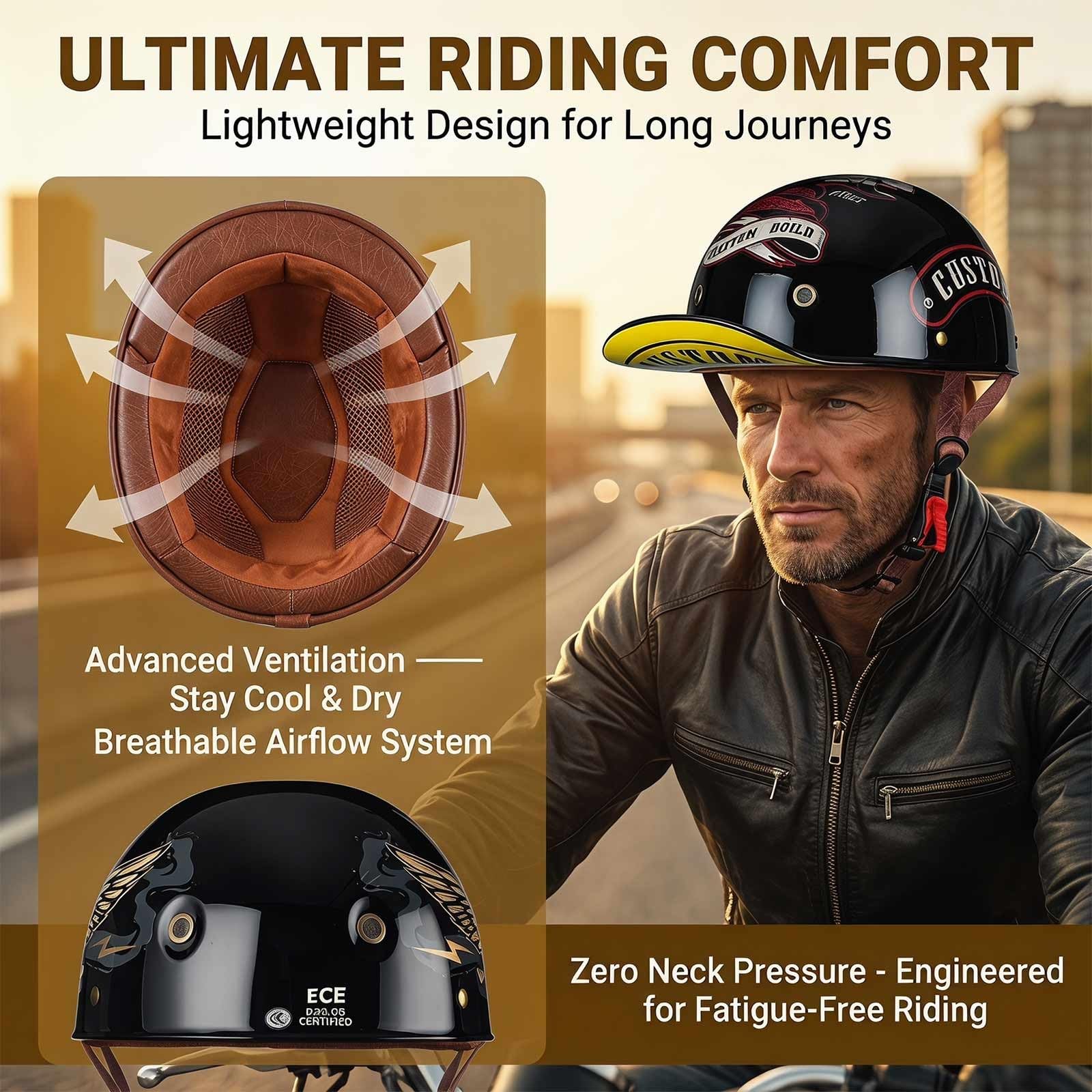 Retro kask motocyklowy styl czapki z daszkiem, ECE 22.06 zatwierdzony, lekka powłoka ABS z wentylacją, oddychająca podszewka, unisex na drogę miejską i wiejską, M-2XL (57-64 cm)