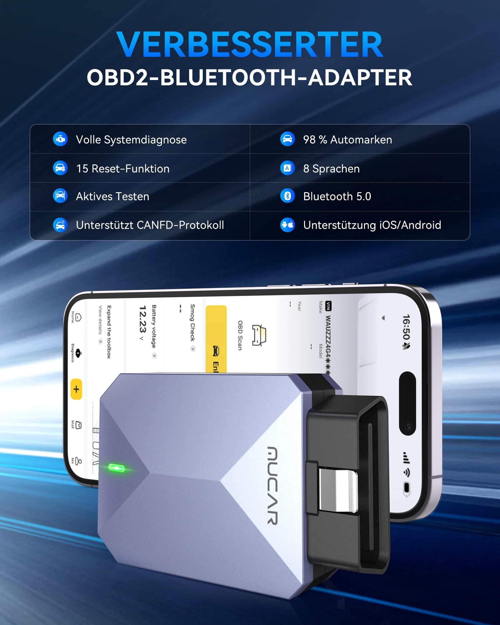 MUCAR BT200 MAX AI-Hilfsfunktion OBD2 Bluetooth Adapter, OBD2 Diagnosegerät Unterstützung ELM327, Auto Auslesegerät Mit Volle System+15 Reset, Für iOS&Android/Aktives Testen/CANFD-Kostenlose Updates