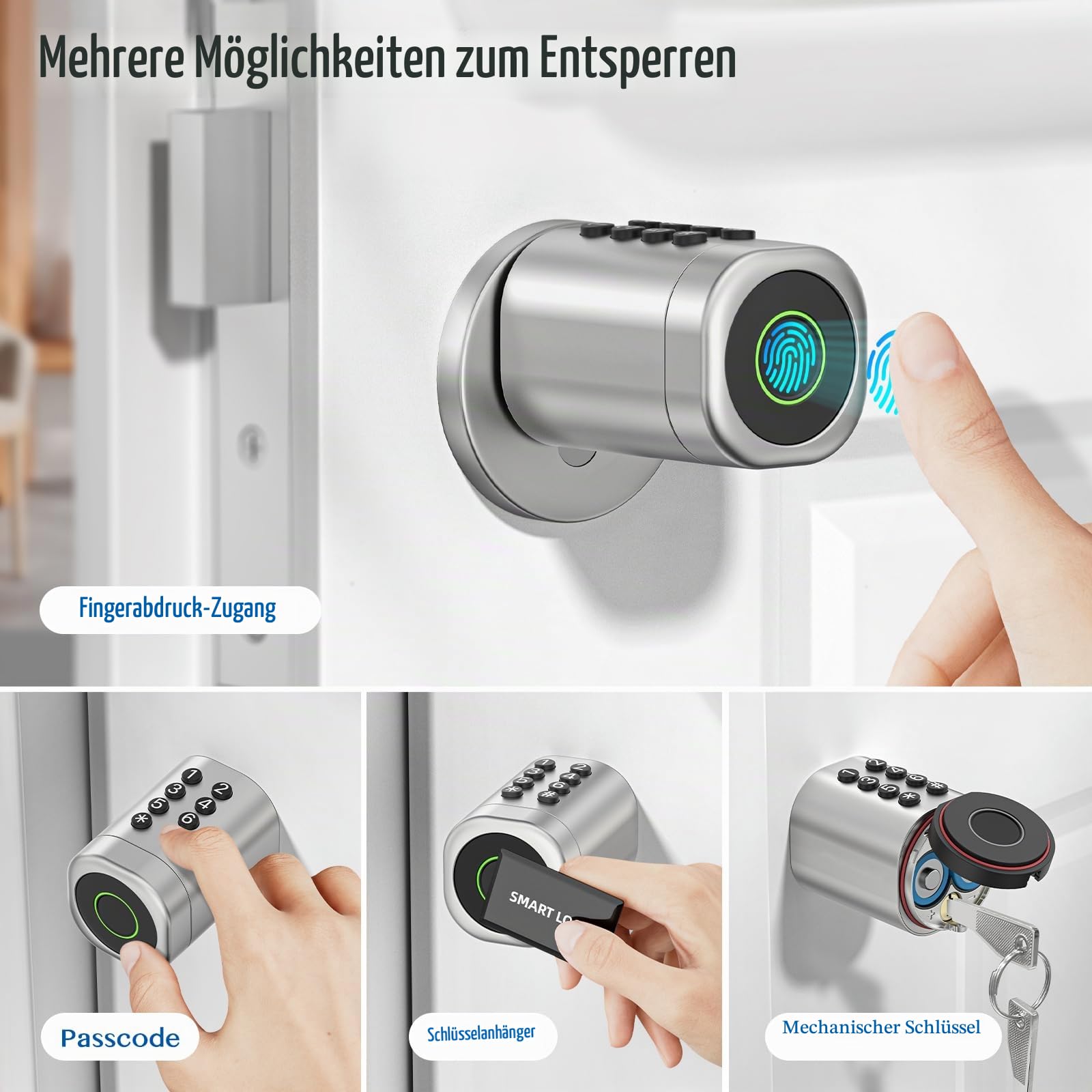 Ruveno Intelligentes Schloss, Elektronisches Fingerabdruck Türschloss, einstellbare Zylinderlänge für 35-60 mm Tür, 5-in-1 schlüsselloser Zugang: Fingerabdruck, Schlüssel, Code, Karte, App-Steuerung