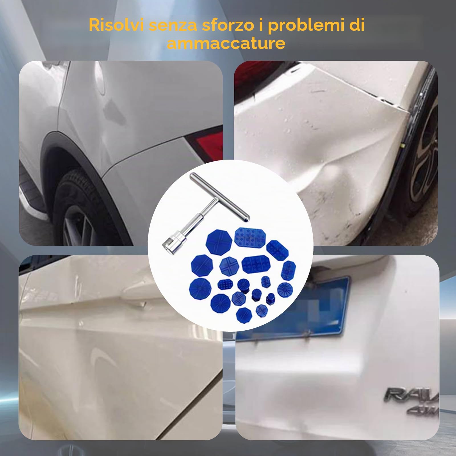 Zephyra Kit Rimozione Ammaccature Auto con T-Bar e 18 Ventose – Attrezzo Levabolli per Carrozzeria, Danni da Grandine – Riparazione Senza Verniciatura per Auto, Moto, Elettrodomestici