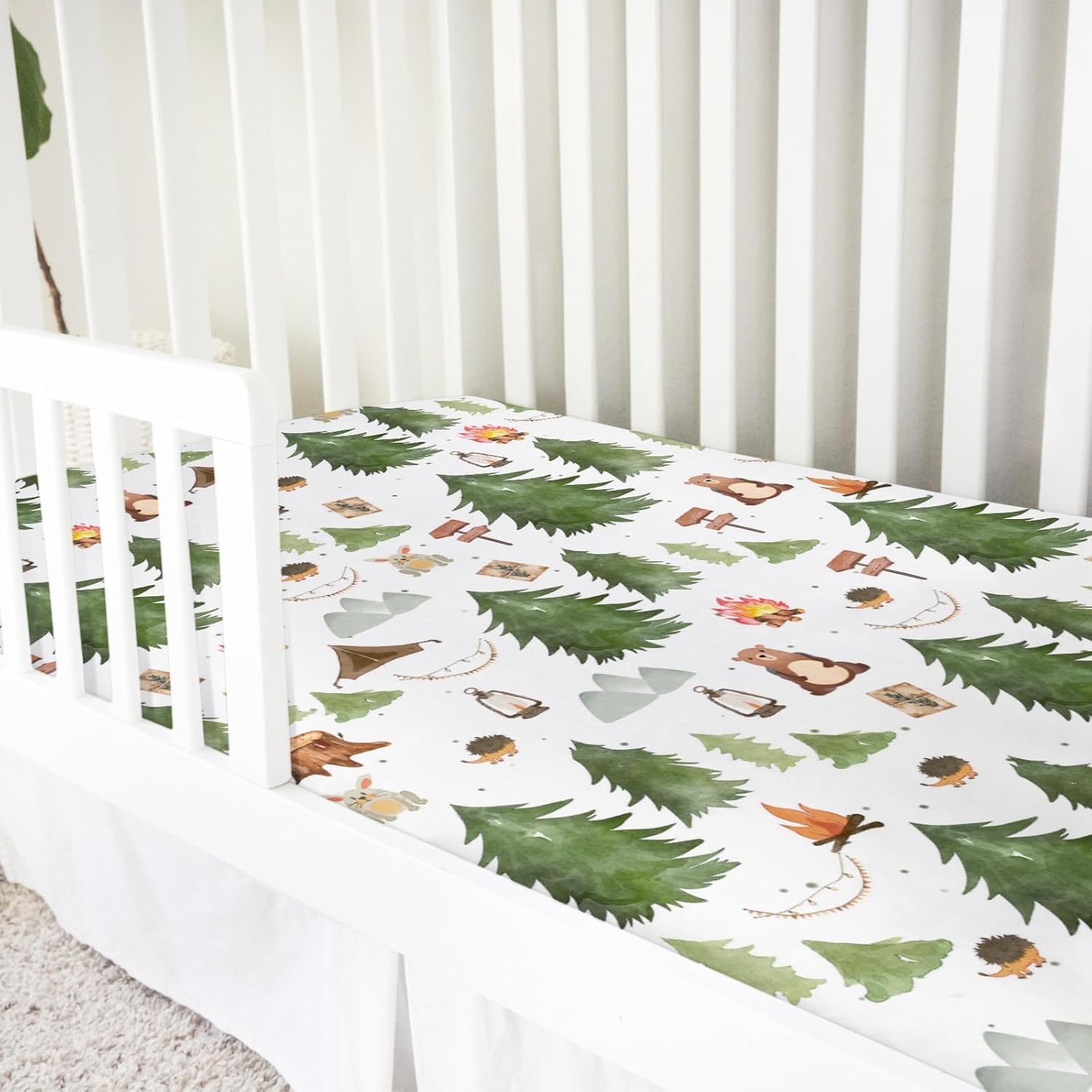 Cute Animals Camping Baby Crib Sheet 52''x28'' Bear Hedgehog Rabbit Stretchy Fitted Crib Mattress Sheet for Boy Girl Wild Animals Adventure Soft Bed Sheets for Standard Crib & Toddler Mattress