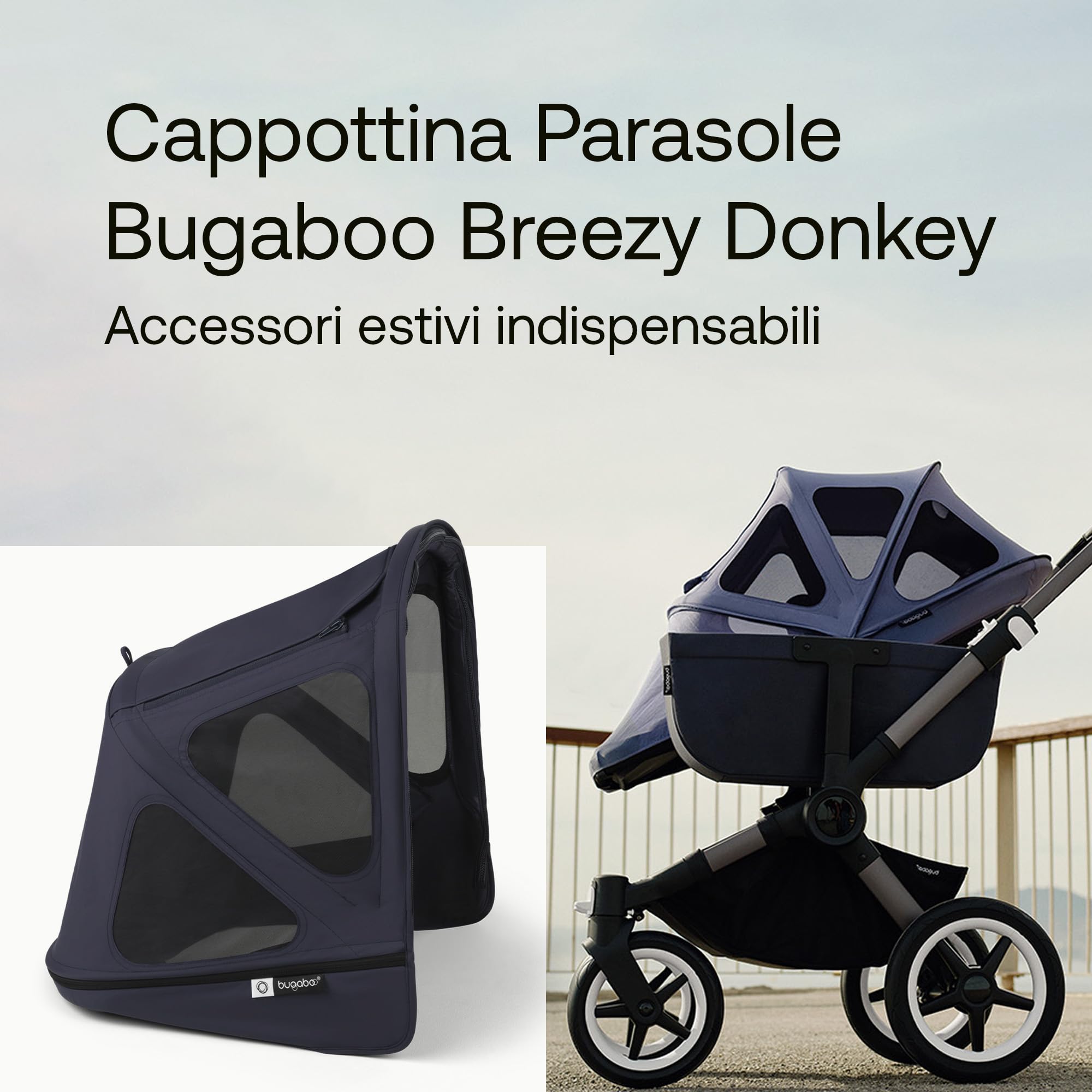Bugaboo Donkey Cappottina Breezy, Estensibile per una maggiore copertura e una Protezione Solare ottimale, Resistente all'Acqua, Compatibile Con Tutti i Passeggini Donkey, Deep Indigo