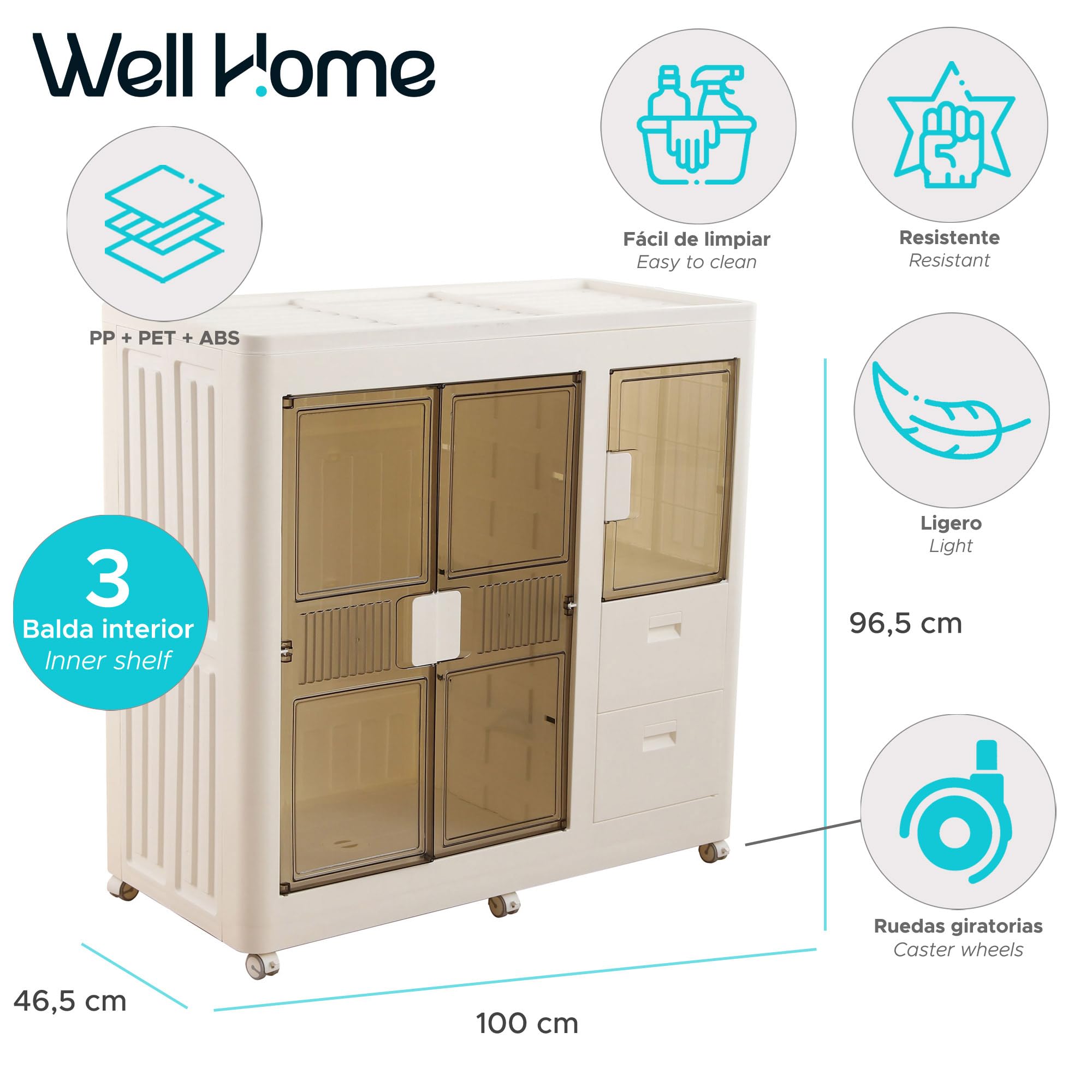 Well Home Cajas de almacenaje apilables con puerta frontal, Organizador modular plegable con ruedas, Multiespacios, Armario plegable con 2 Compartimentos y 2 Cajones, + 3 Baldas/estantes interiores