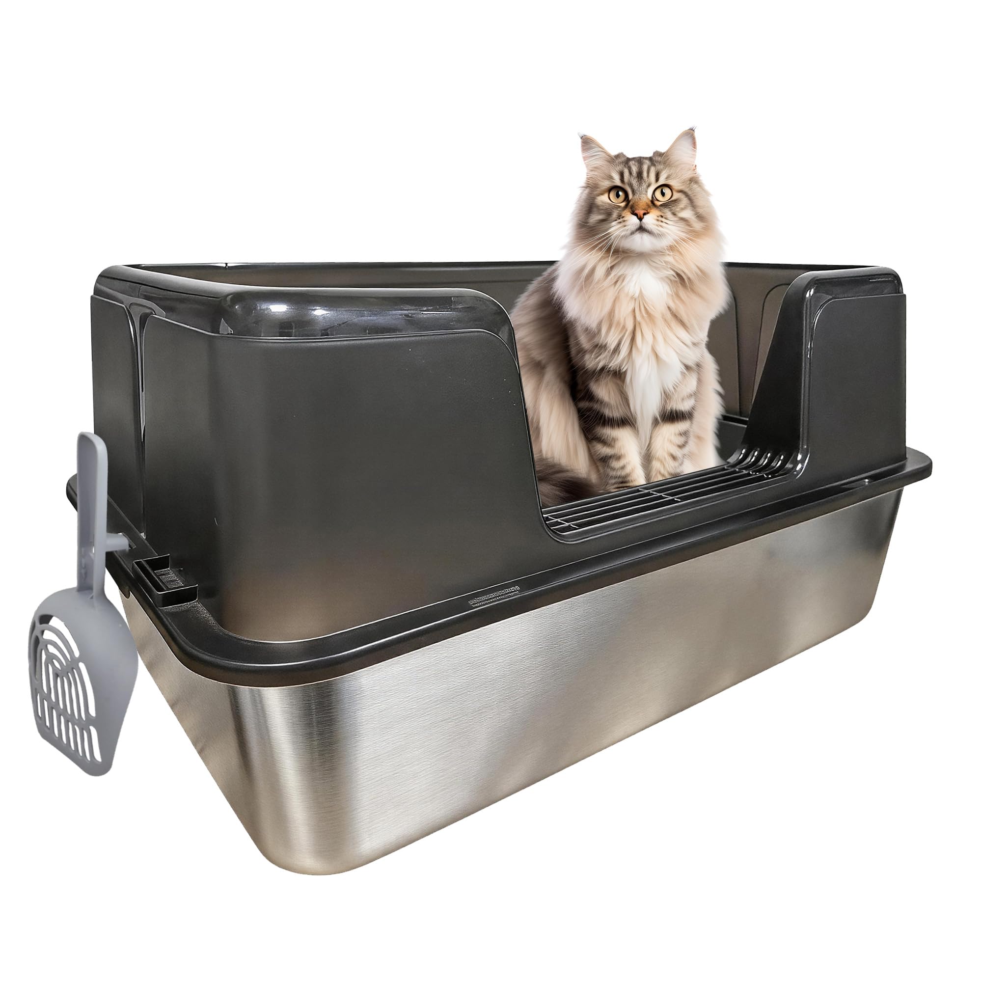 Stainless Steel Cat Litter Box, 50L Extra Large Anti-Leak High Sided Litter Tray, Non-Stick Easy Clean Odourless Metal Pan with Scoop & Silicone Feet – For Big Cats and Multiple Cats (Black)