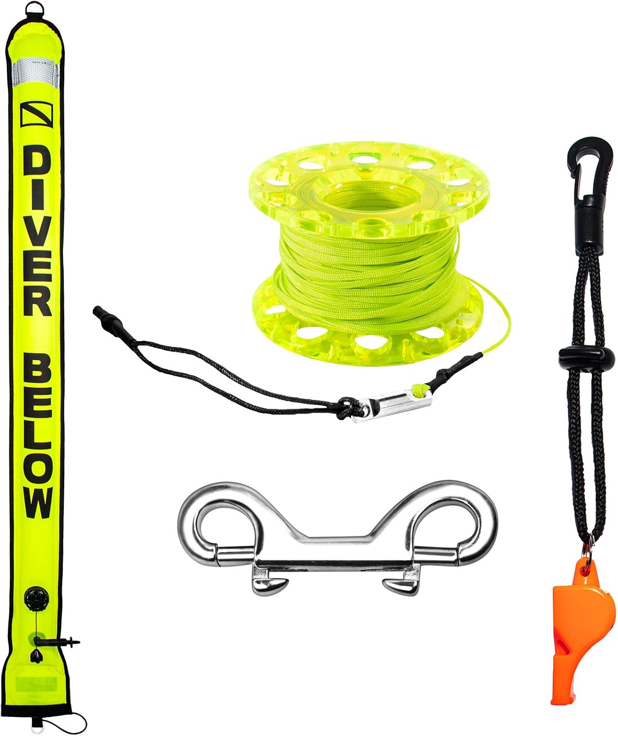 5ft Scuba Diving Surface Marker Buoy (SMB), Safety Sausage with Plastic 98ft Finger Spool Reel and Double Ended Hook Clip + Emergency Whistle for Underwater Diving