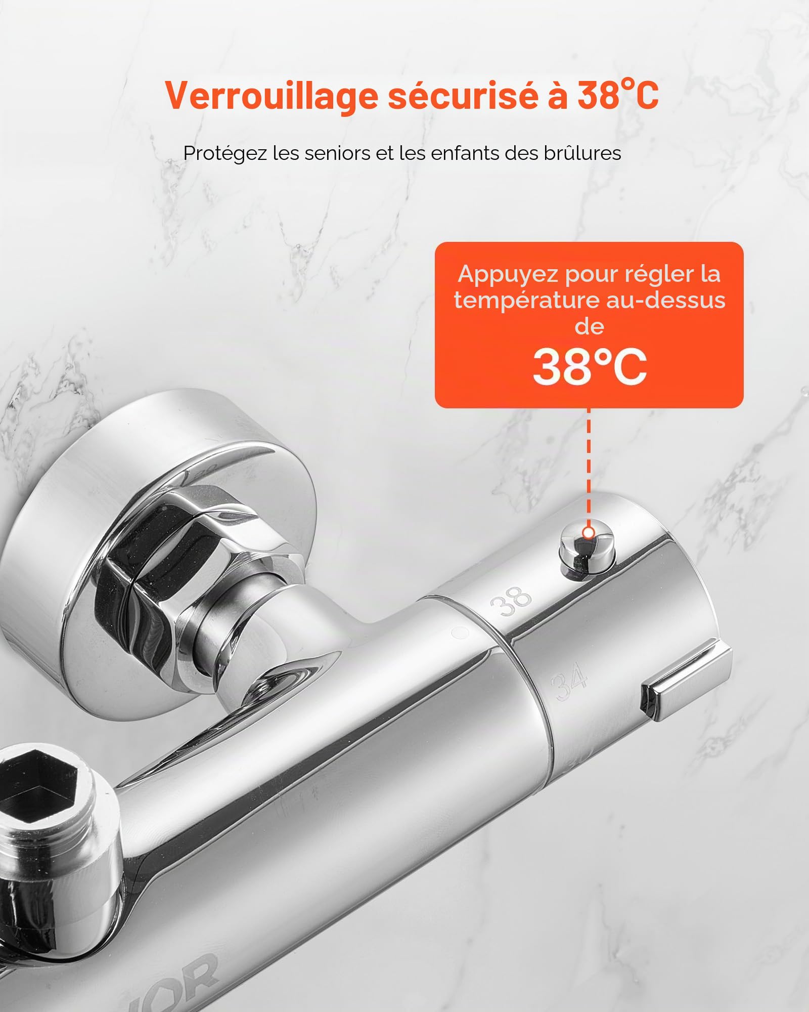 VEVOR Mitigeur de Douche Thermostatique à Verrouillage Sécurisé 38°C, Vanne Thermostatique avec Température Constante, Robinet de Douche à Eau Chaude et Froide, pour Salle de Bain Caravane, Argent