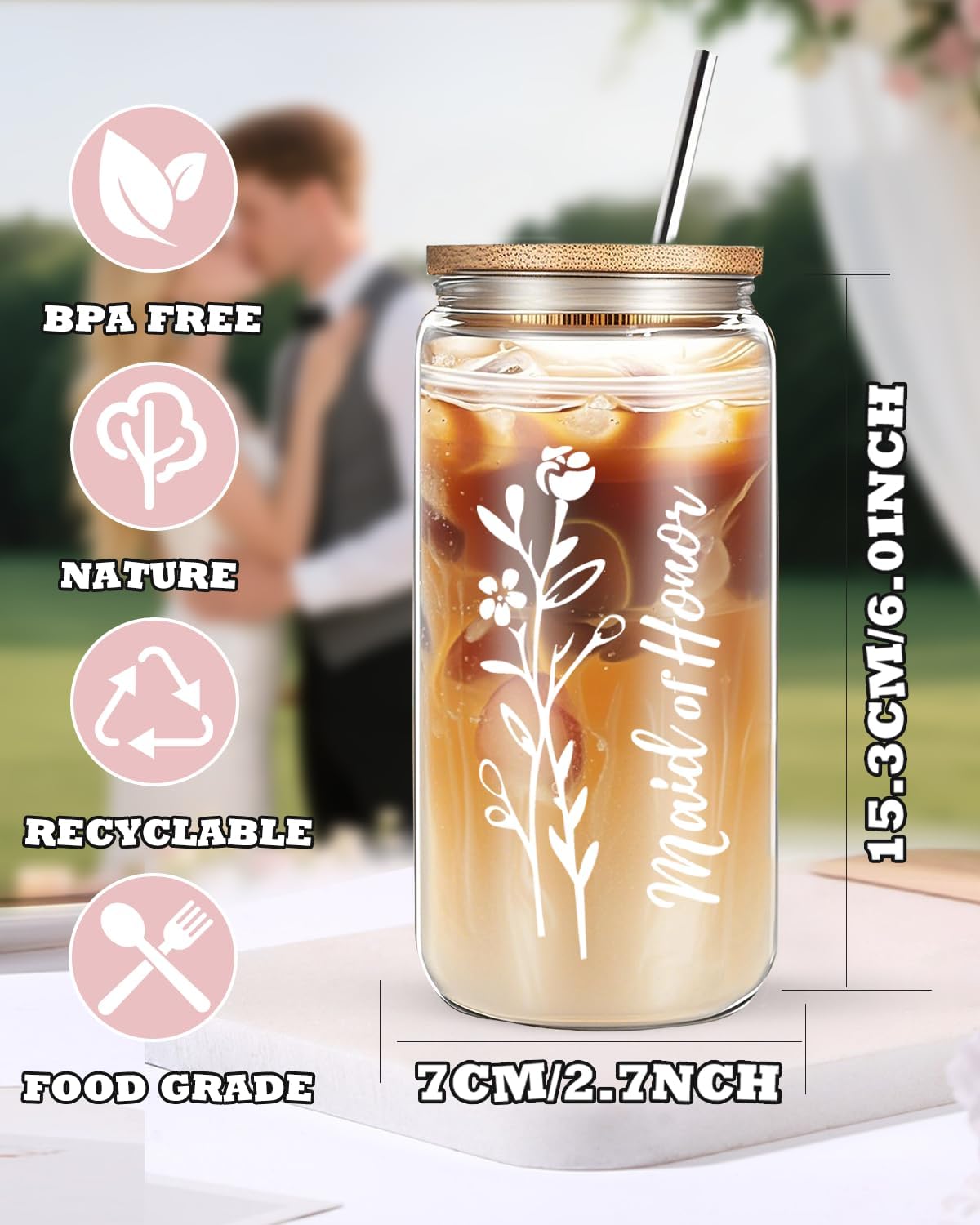 DHQH 4 PCS Bridesmaid Proposal Gifts, 16 Oz Bride Glass Cups with Bamboo Lids and Straw, Maid of Honor Gifts for Bridal Shower Wedding Bachelorette Party - Image 2