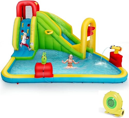 Miniatura 9 de HONEY JOY Tobogán acuático inflable, parque acuático inflable 7 en 1 para patio trasero de niños, piscina de chapoteo, pared de escalada, toboganes