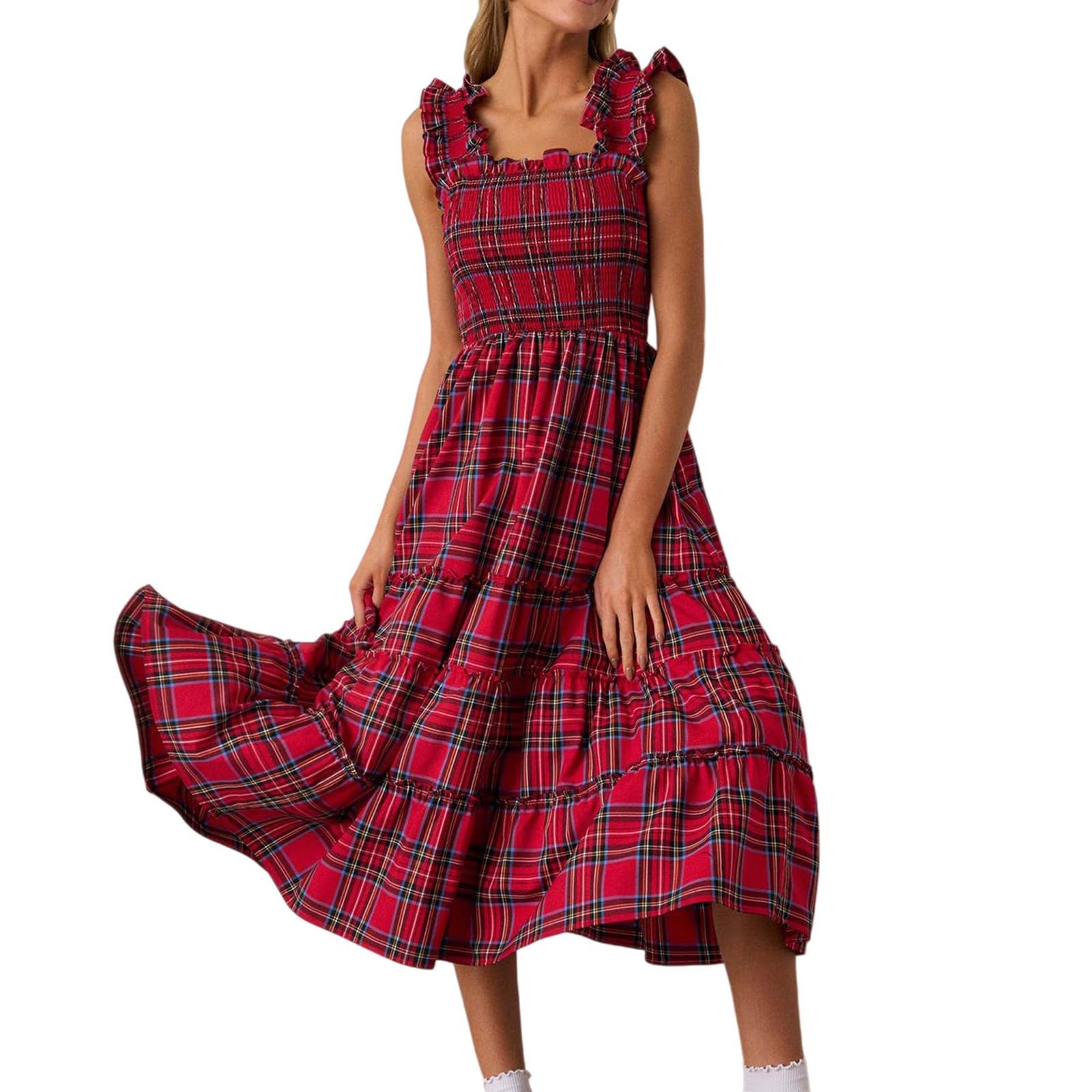 Maxi abito natalizio da donna con scollo quadrato, senza maniche, lungo, a quadretti, abito midi bianco