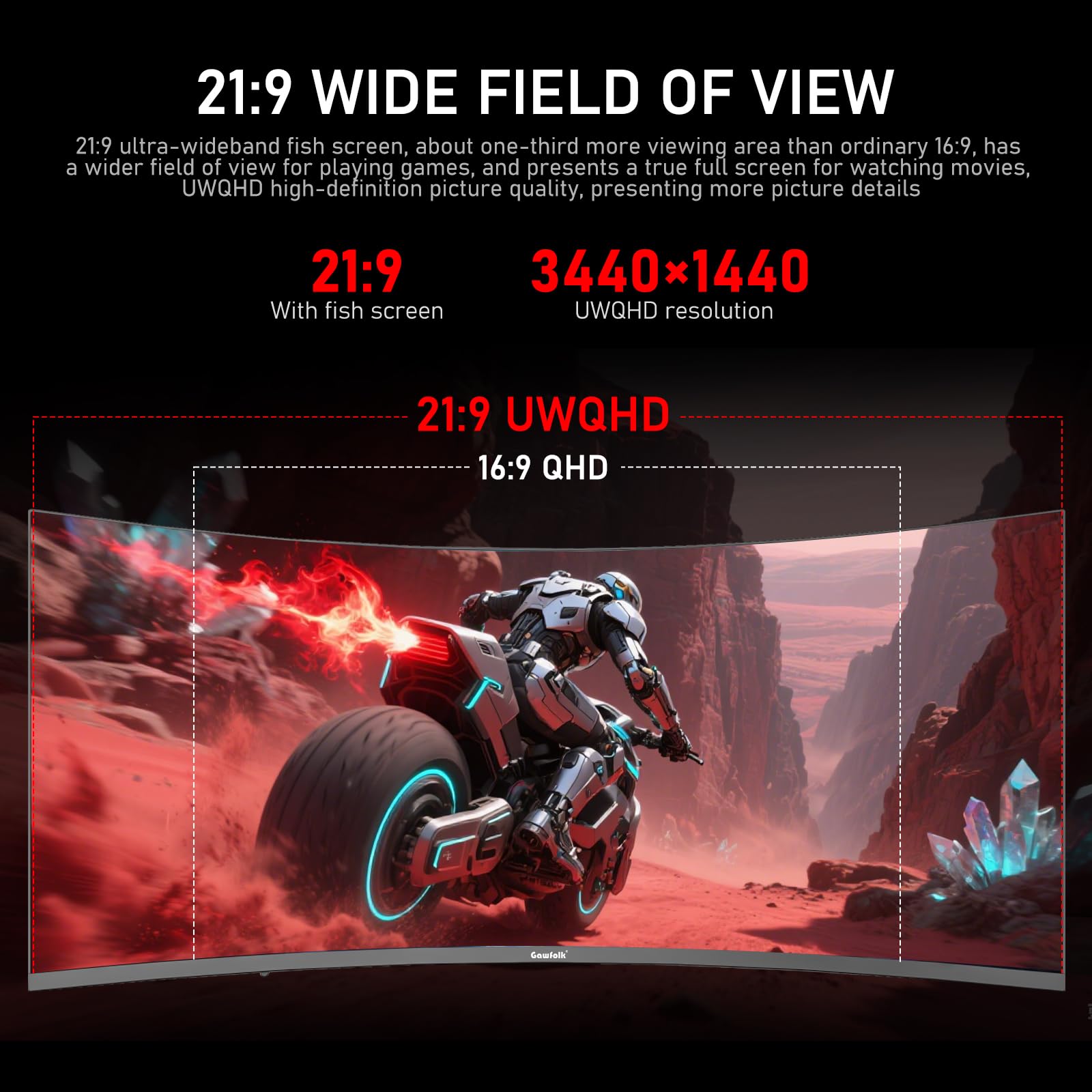 Gawfolk 34 Inch Curved 180Hz Gaming Monitor 1000R 21:9 - Dettaglio
