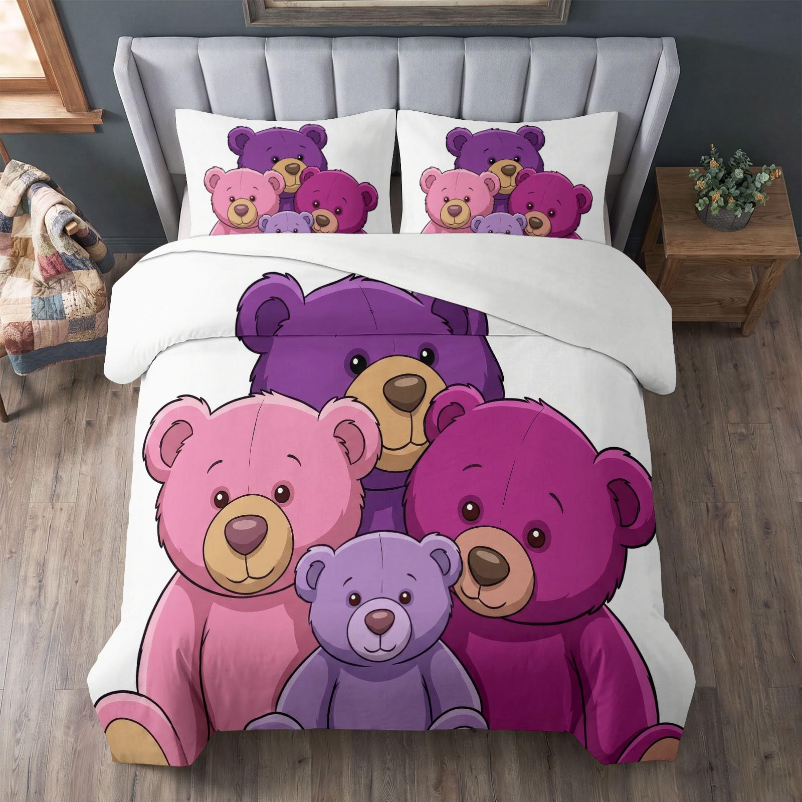 Generisch Bettwäsche Set 3-teilig 200 x 200 cm, Verträumt Aquarell Kinderbettwäsche Mikrofaser mit Reißverschluss - Bettbezug Handgezeichnet Teddybär für Jungen Mädchen Weiß Bettwaren