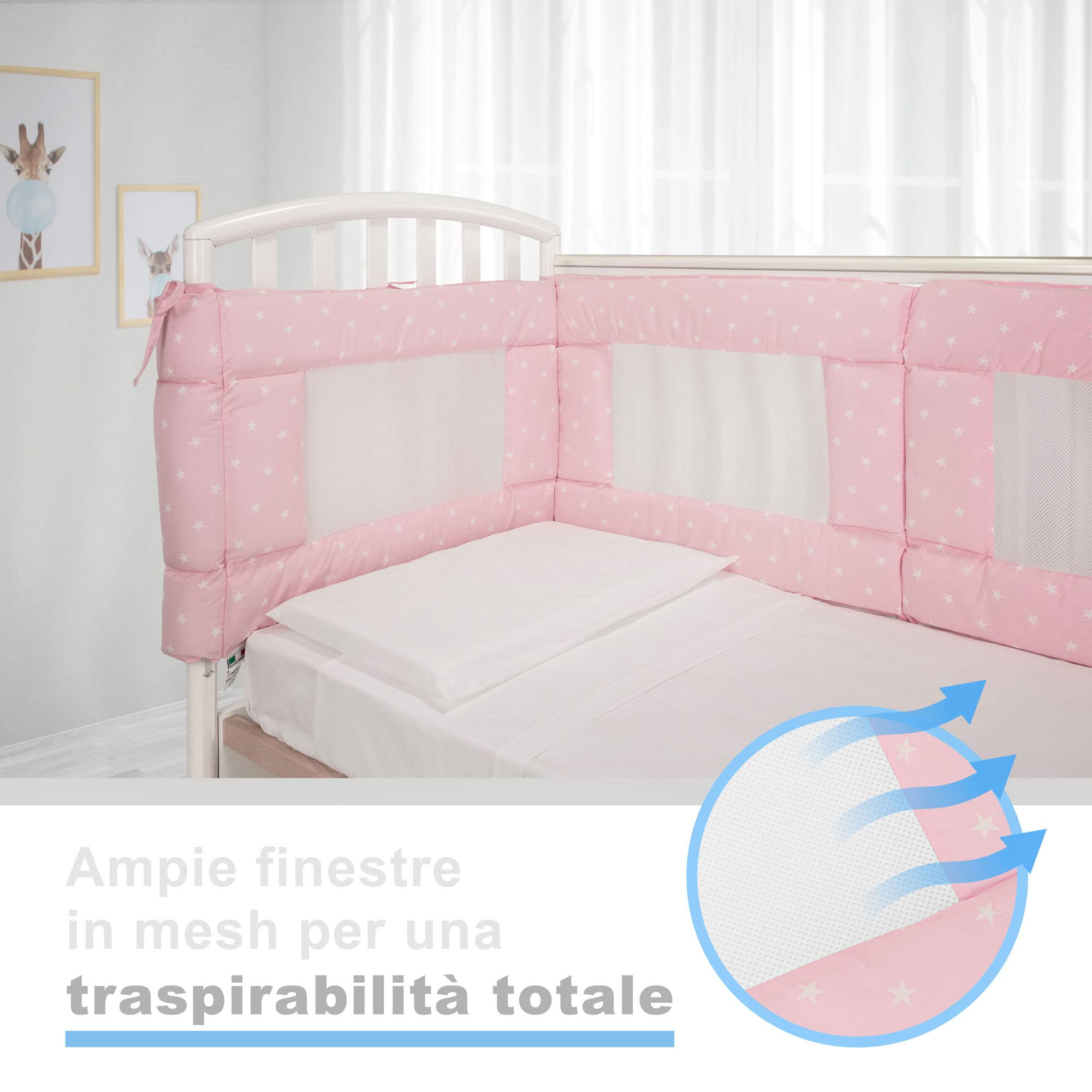 Babysanity- Set Paracolpi Lettino Alta Traspirabilità Piumino Copripiumino Sfoderabile Federa 100% Cotone Made in Italy (Piccole Stelle Rosa)