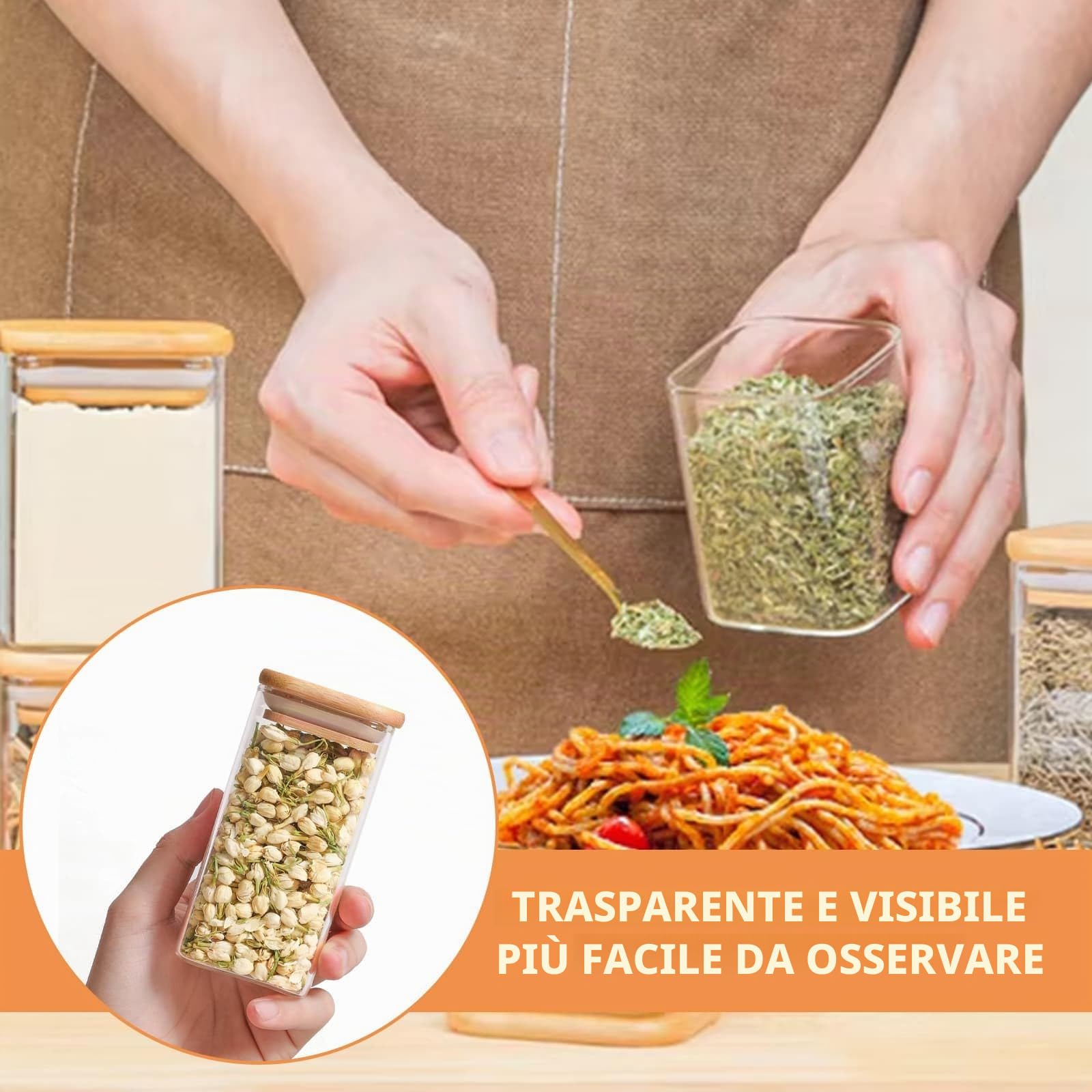 DYUEE 12 barattoli per spezie in vetro con coperchi in legno, 250 ml, quadrati, con etichette bianche e penna, contenitori ermetici in vetro per spezie, sale, zucchero, semi, noci