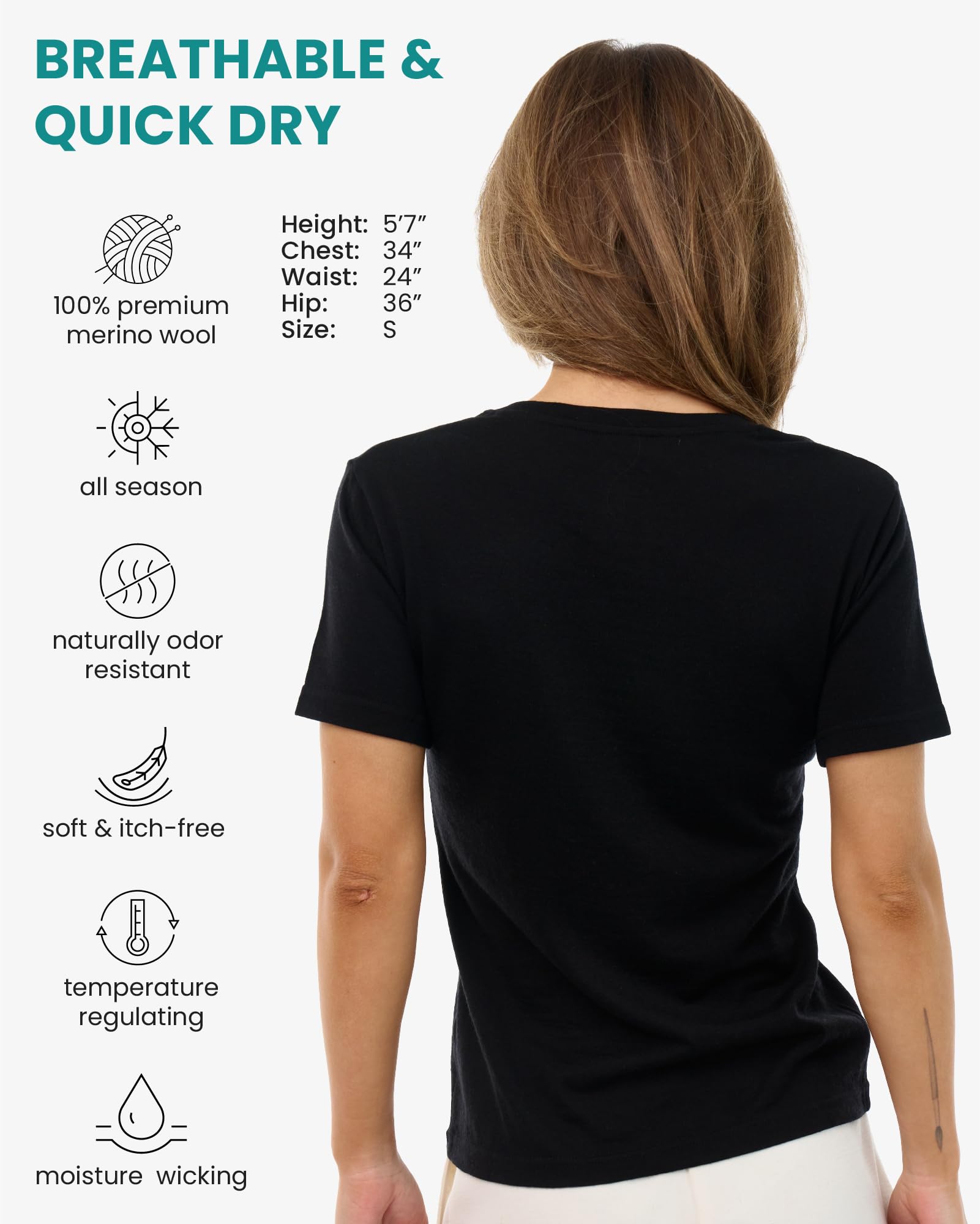 Merino.tech Maglietta Donna Lana Merino Manica Corta Intimo Sportivo (Black Scoopneck, L)