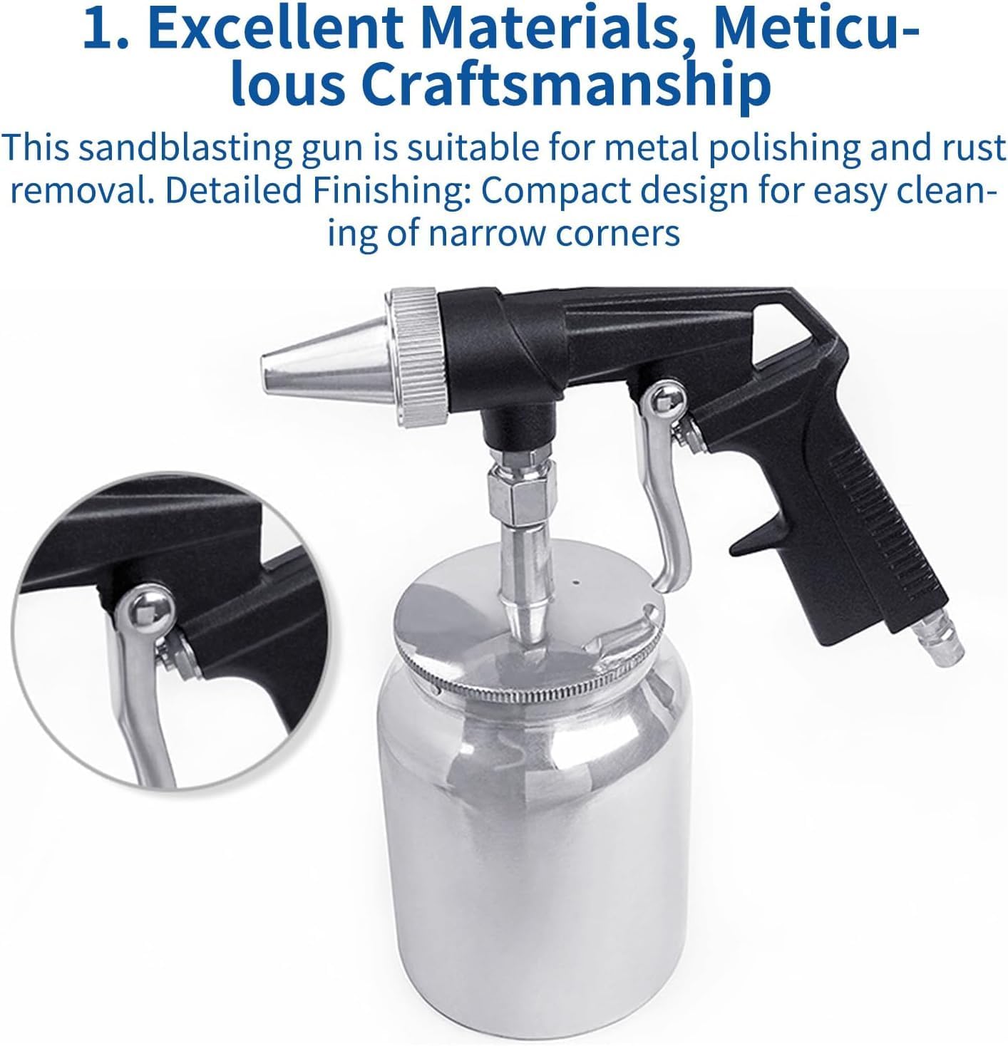 Portable Air Sandblaster Gun Kit with 750cc Aluminum Cup for Rust Removal | Lightweight handheld blaster, for glass frosting and surface polishing, includes suction feed pot and ceramic nozzle