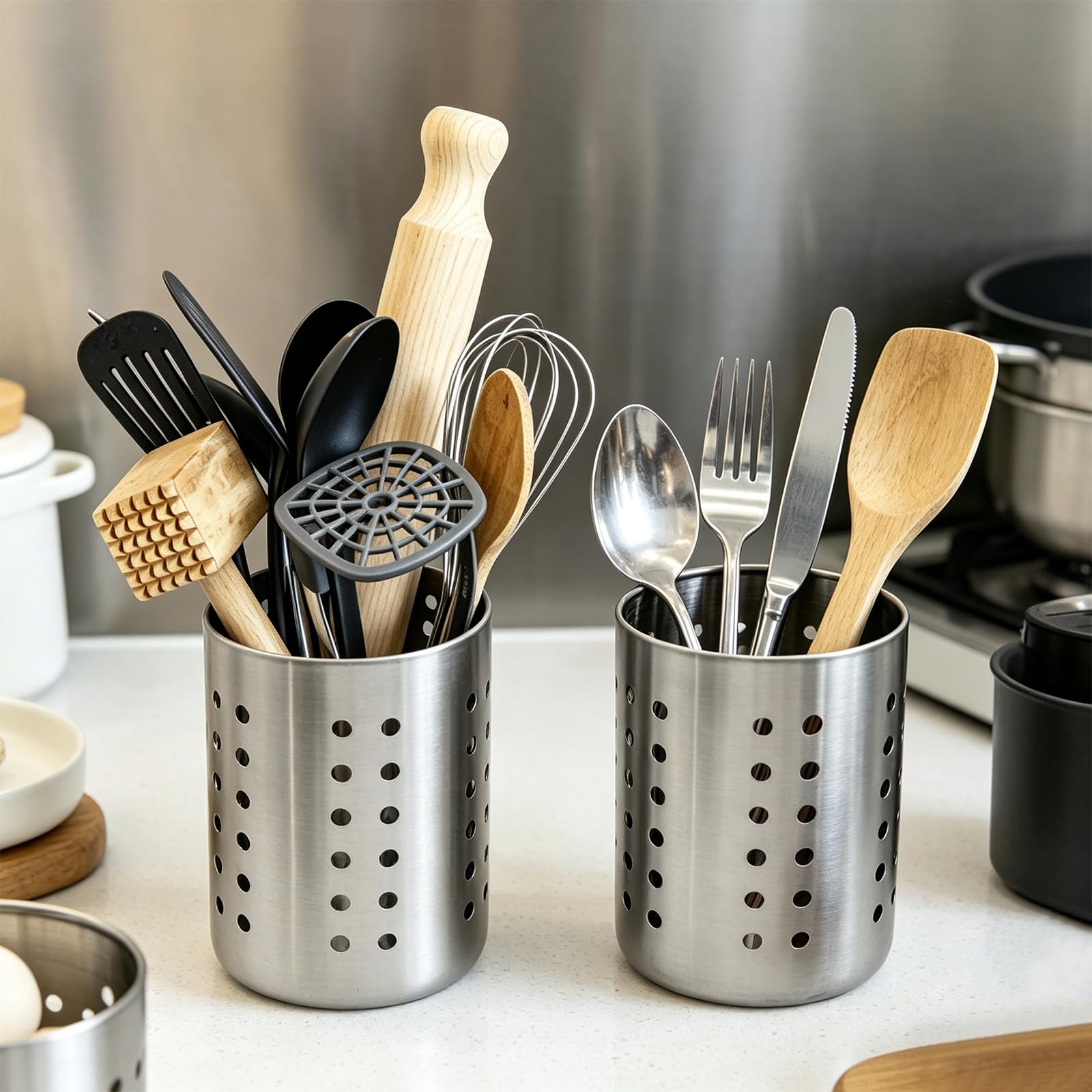 2 Stück Küchenutensilienhalter Silber Utensilienhalter Küche Besteckkorb Tisch Kochutensilien Aufbewahrung Küchenhelfer Edelstahl Besteckhalter für Küchenutensilien und Geschir, 9,5×12,5cm