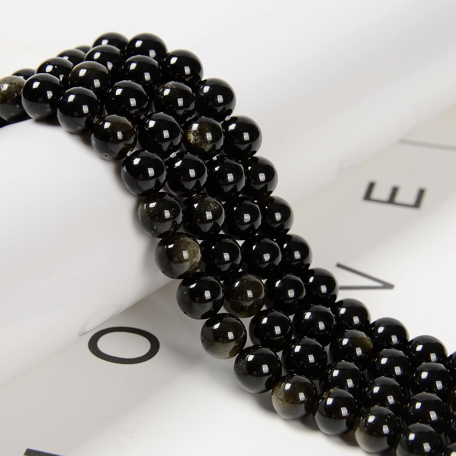 75Pcs 10mm Natural Black Gold Sheen Obsidian Round Beads for Jewelry Making