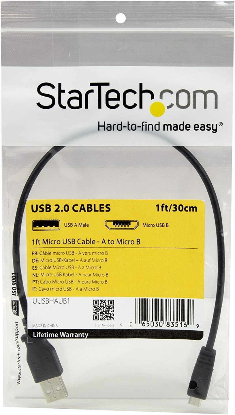 StarTech.com 1 ft. (0.3 m) USB to Micro USB Cable - USB 2.0 A to Micro B - Black - Micro USB Cable (UUSBHAUB1)