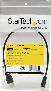 StarTech 1ft/0.3m USB-A to Micro-B Cable - USB 2.0 - Black (UUSBHAUB1) | Up to 480Mbps, Aluminum-mylar foil with braided shielding, Durable PVC construction