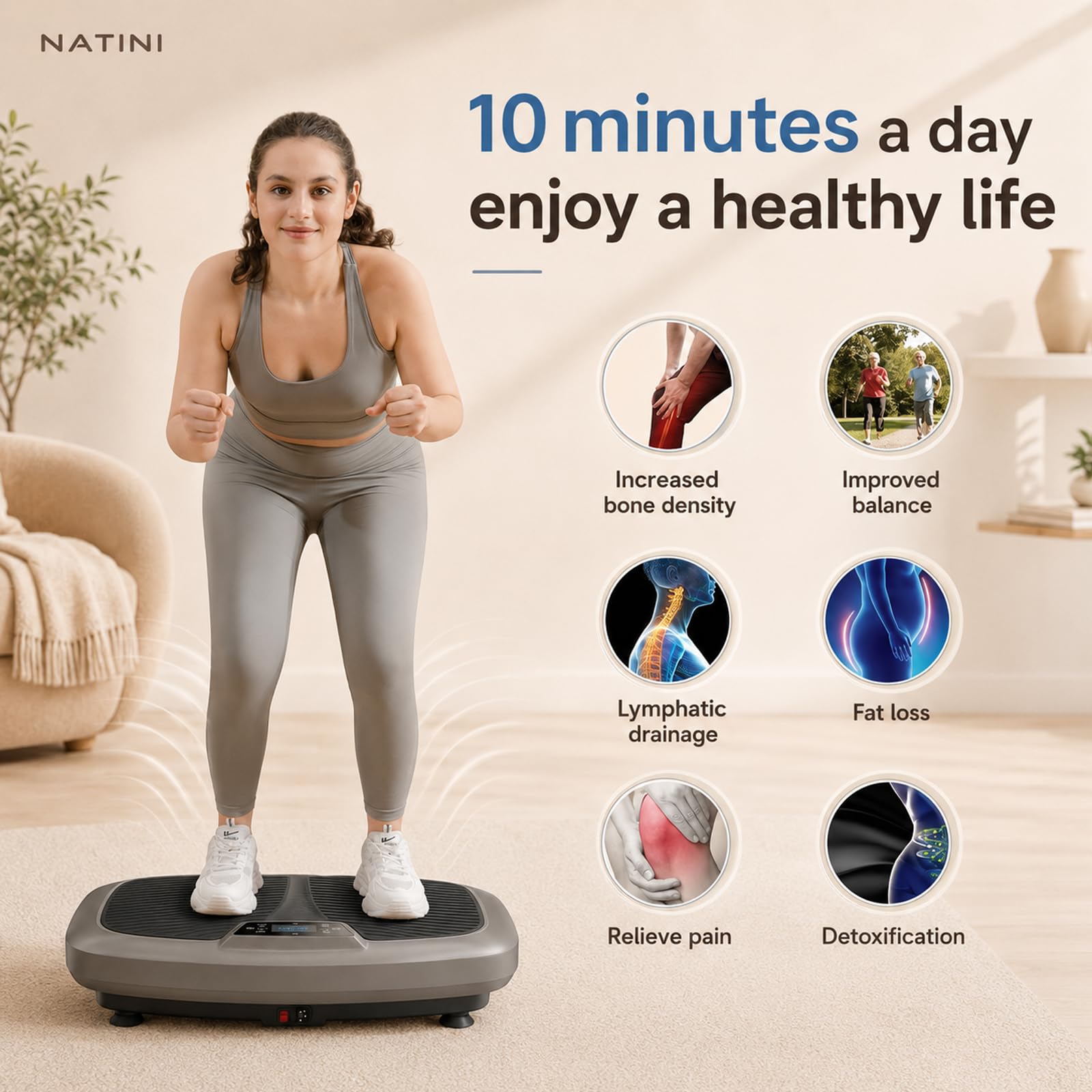 Natini - Placa de vibración, máquina de ejercicio con plataforma de vibración para todo el cuerpo con altavoz Bluetooth, equipo de fitness en casa para bajar de peso y tonificación (tamaño grande)