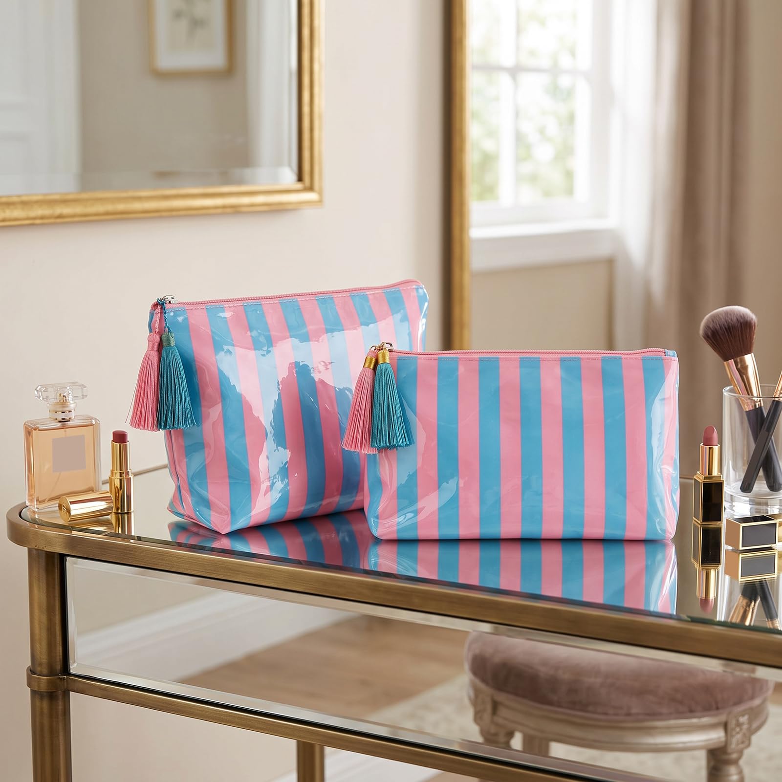 Pack de 2 bolsas de maquillaje de PVC a rayas, impermeables