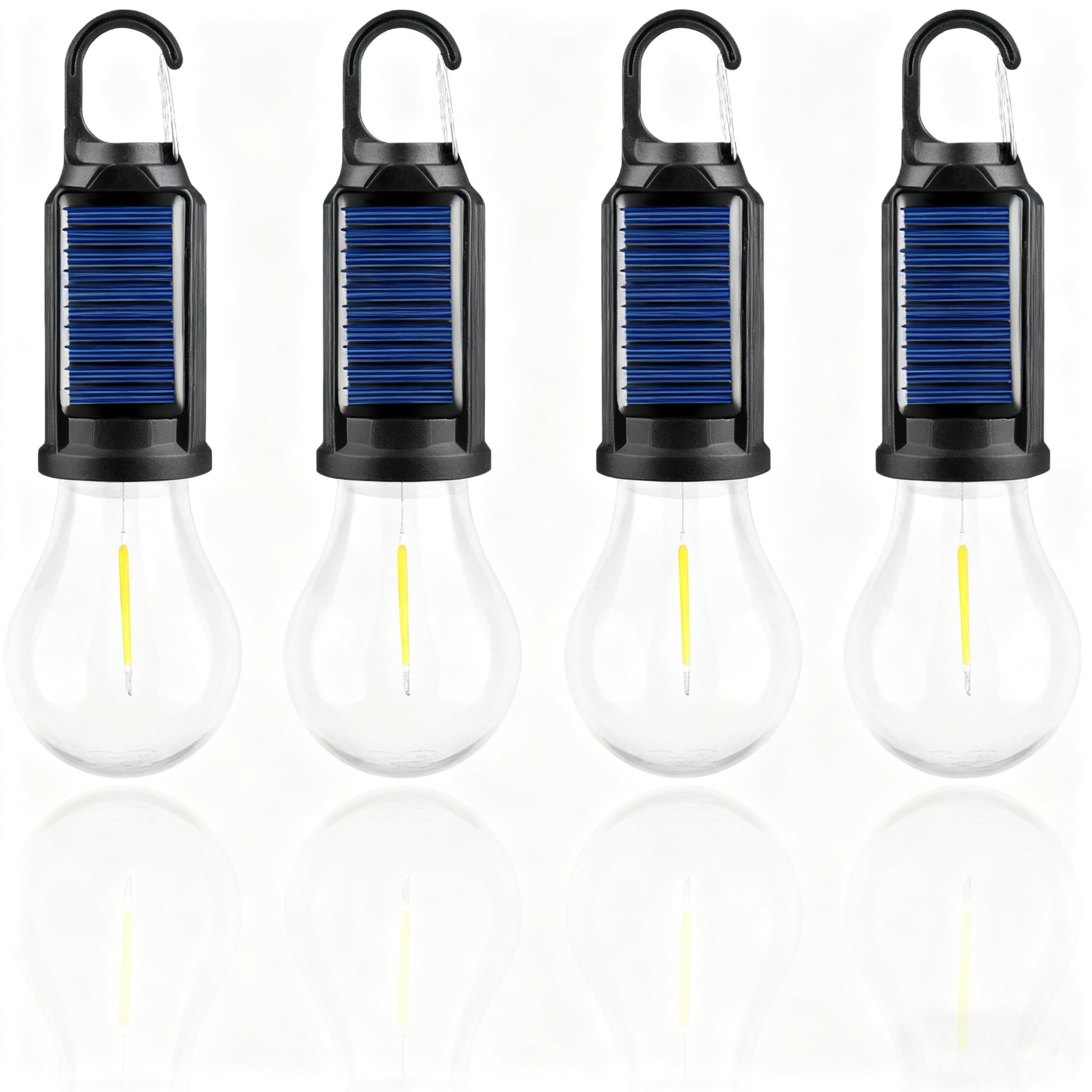 Lot de 4 lampes solaires LED de camping, lanternes de tente d'extérieur rechargeables avec crochet à clip, lumière d'urgence pour camping, randonnée, maison, pannes de courant, pêche et cadeaux