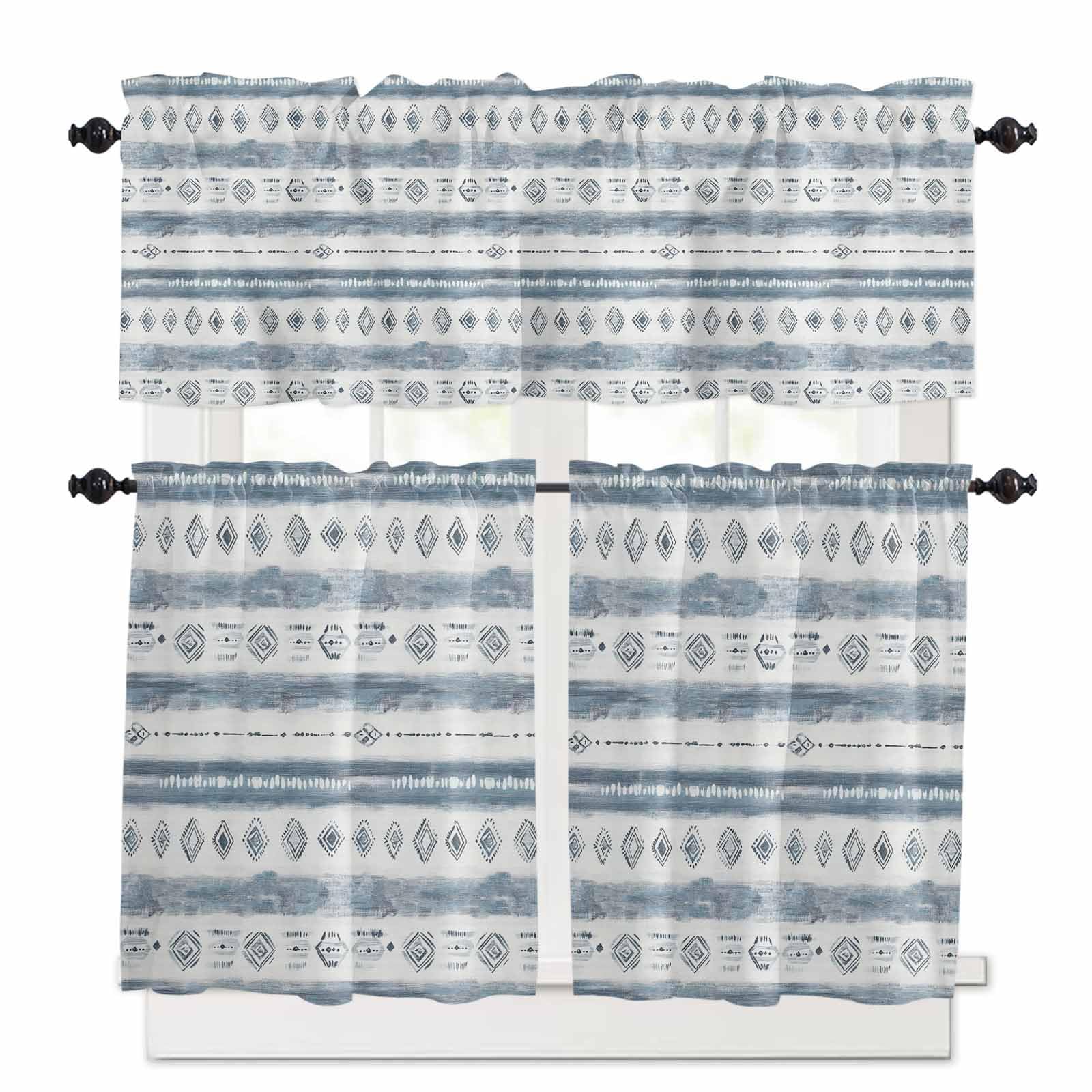 Blue White Stripe Kitchen Curtains 24 Inch Length, 3 Piece Rod Pocket Small Half Tiers and Valance Set, Vintage Abstract Geometric Brush Small Large Window Treatment Decor for Bedroom/Bathroom Sink