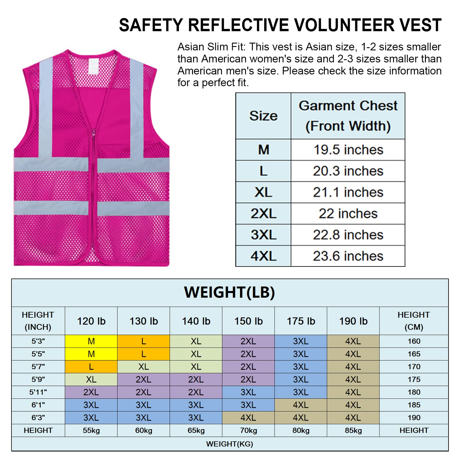 TOPTIE Paquete de 5 chalecos de seguridad transpirables frontales con cremallera de alta visibilidad unisex al por mayor, chaleco de actividad de voluntariado de malla