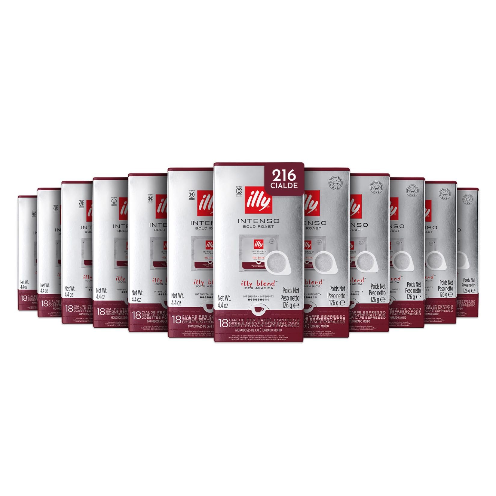 illy, Caffè in Cialde E.S.E Monodose Tostato INTENSO, 100% Arabica con Note di Cacao e Frutta Secca, Retrogusto Pieno e Corposo, 12 Confezioni da 18 Cialde Compostabili