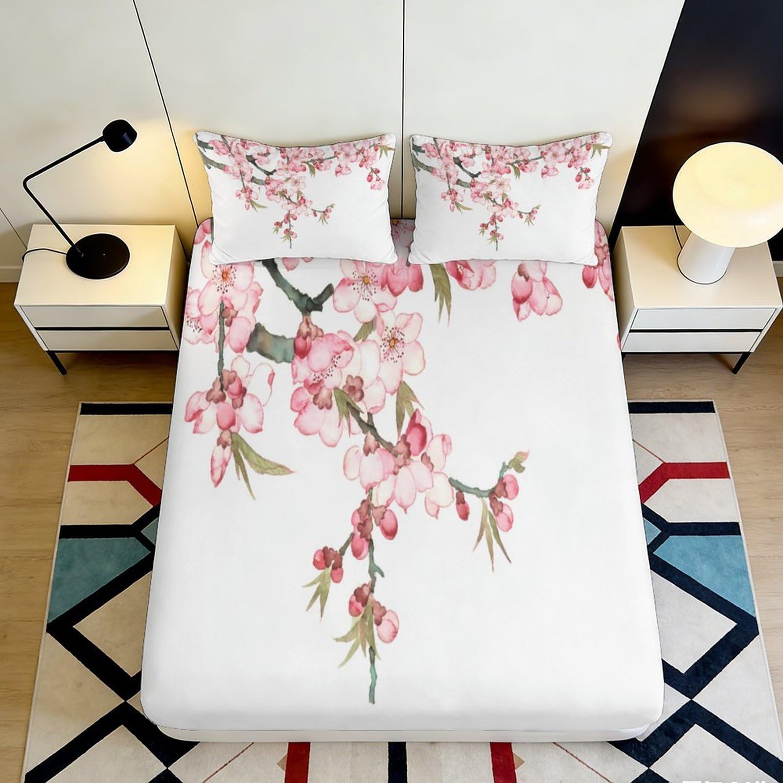 3D Printed Cherry Blossom Fitted Sheet Microfiber Bedroom Decor Plum Flower Mattress Cover for Home Guest Room 90x200x25cm