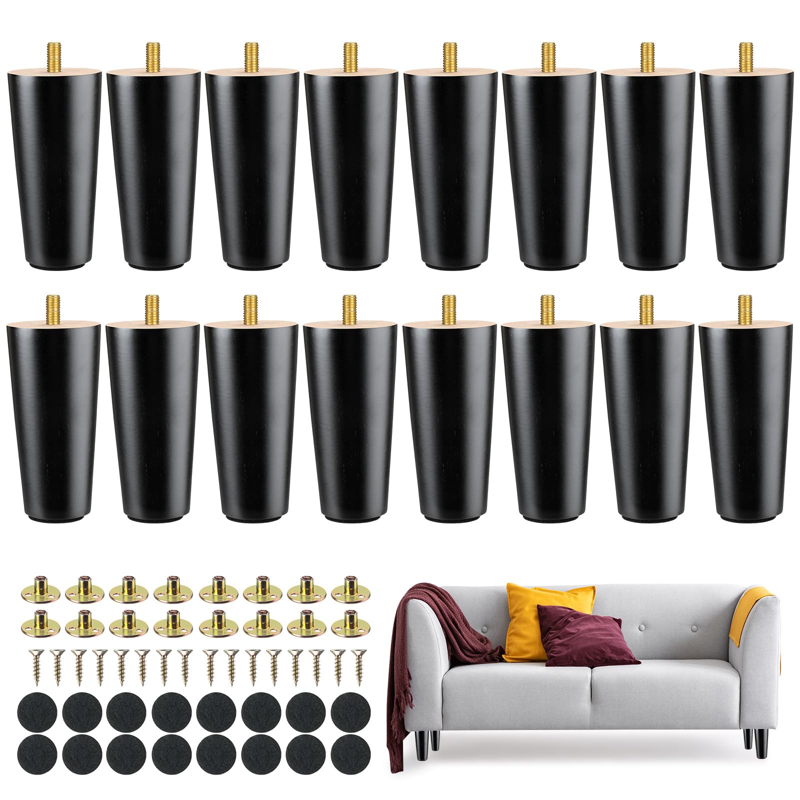 Maitys 16 Pieces 4 Inch Round Solid Furniture Legs Furniture Wooden Replacement Feet Chair Dresser Couch Legs Table Cabinet Sofa Legs Footstool DIY Projects for Home (Black)