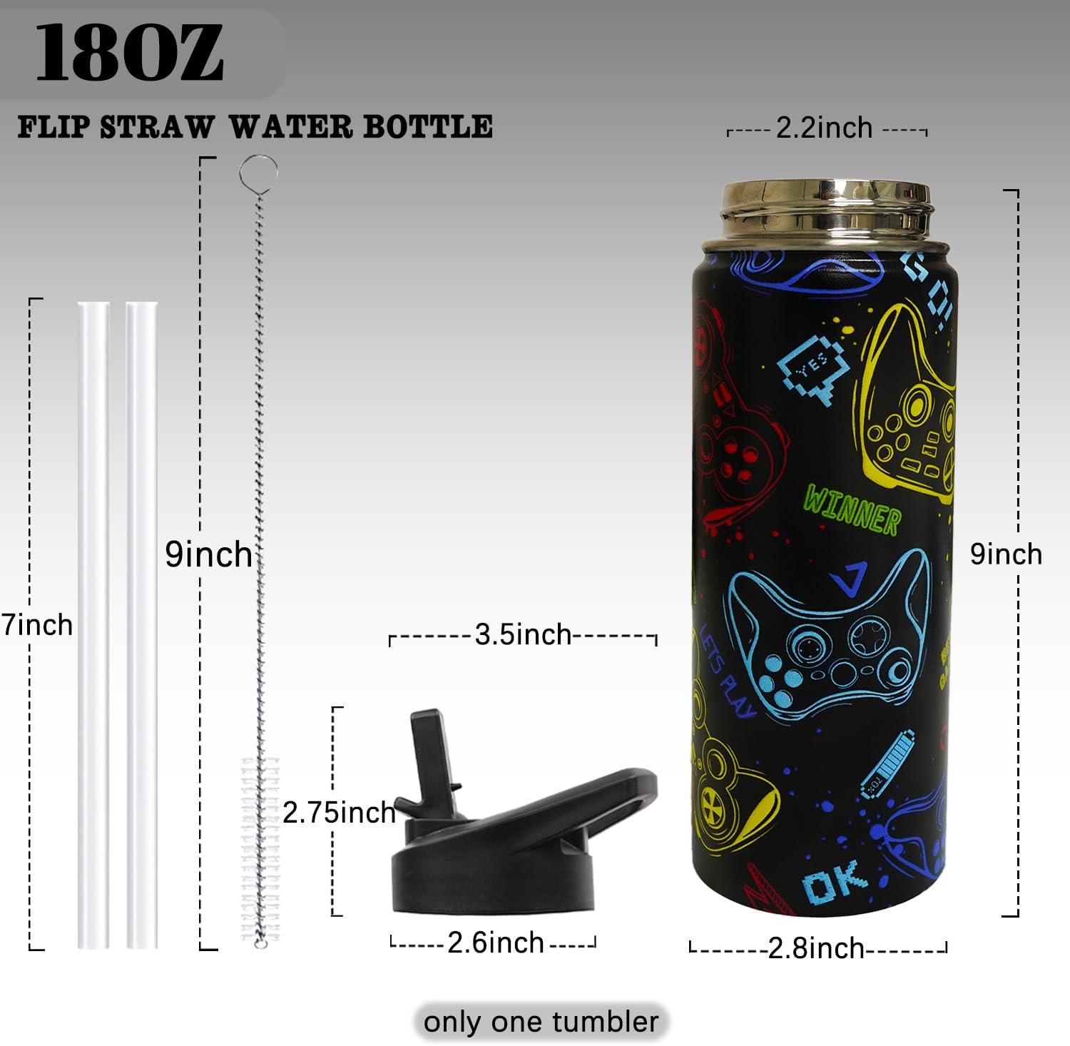 18 oz Gamer Water Bottle with Straw and Lid, Reusable Leakproof Gaming Water Bottle Stainless Steel, Gamer Gifts for Boys, Men - Image 4