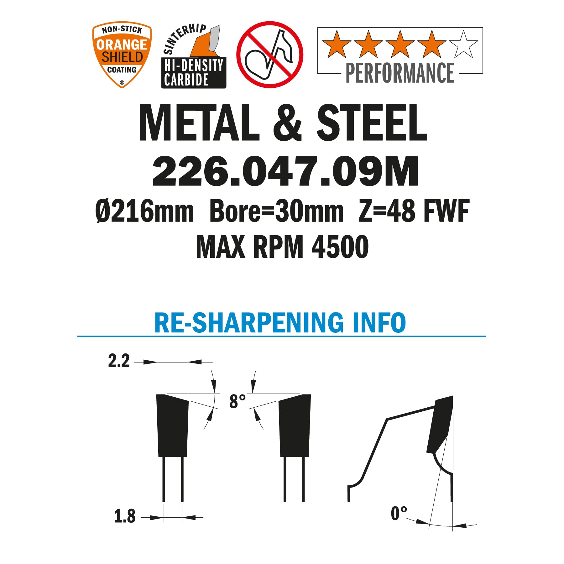 CMT Orange Tools 226.047.09M - Sierra circular para metales 216x2.2x30 z 48 fwf 8 grados