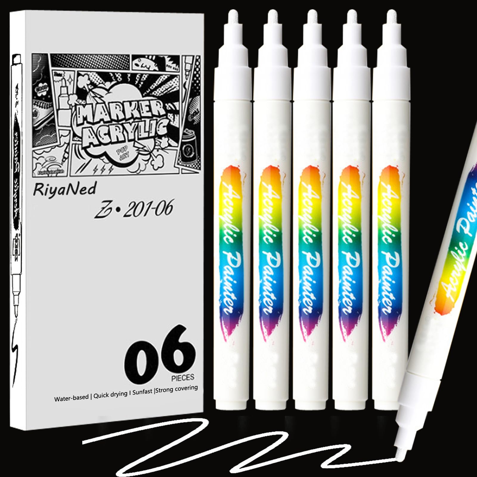 RiyaNed Rotulador permanente blanco, 6 lápices acrílicos, ancho de hilo de 2,0 mm, adecuado para piedra, madera, vidrio, cerámica, lienzo, neumáticos y textiles.