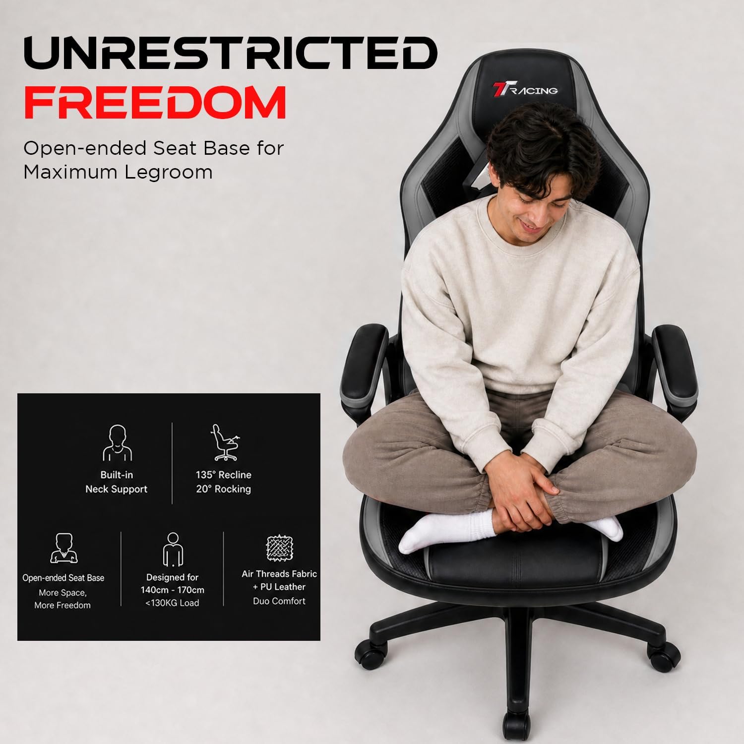 TTRACING Compact Gaming Chair with Breathable Fabric Center Grey