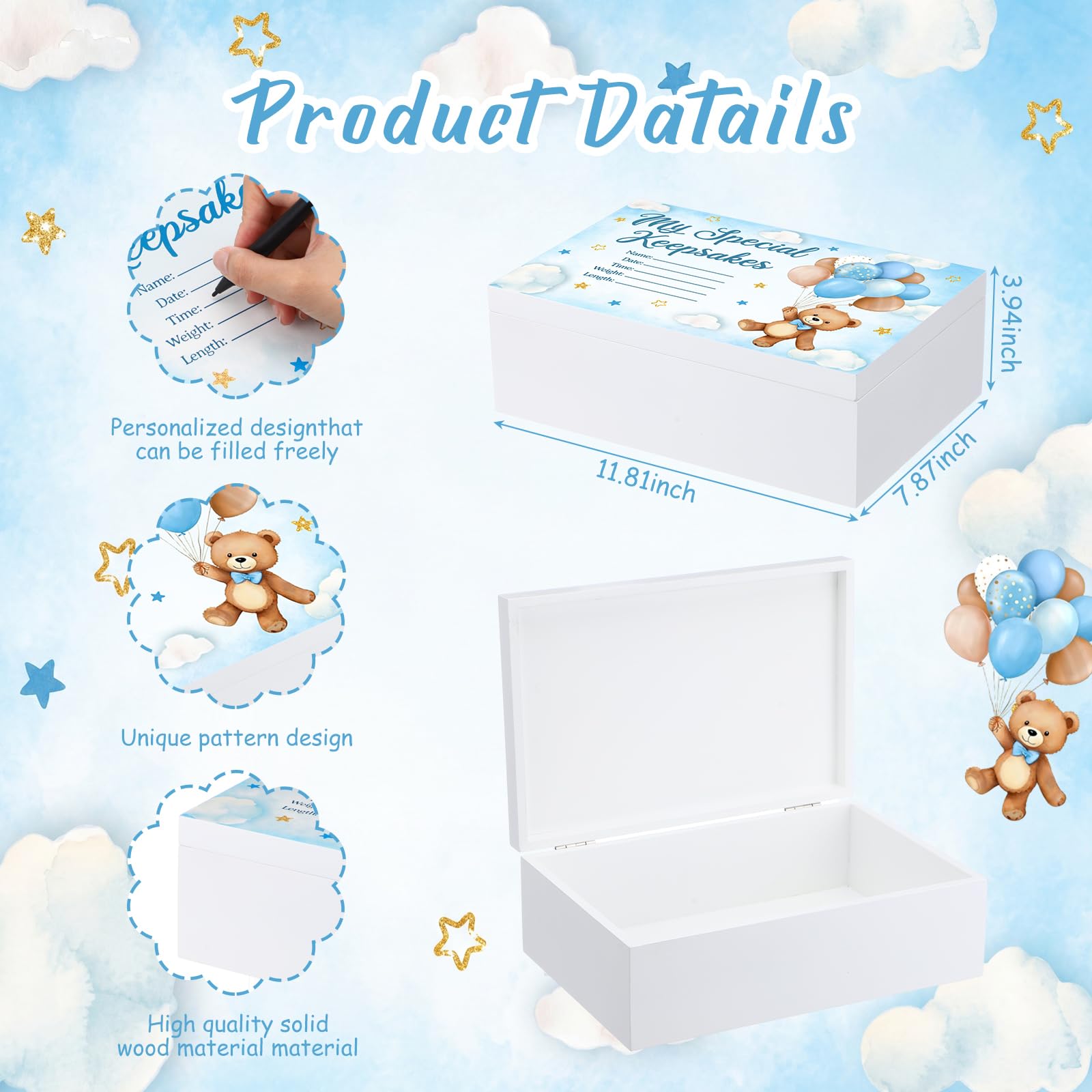 Thyle Blue Bear - Caja de madera para recuerdos de bebé, caja de recuerdos para niños o niñas, regalo de cumpleaños bautismal para padres recién nacidos, regalo de cumpleaños para recuerdos