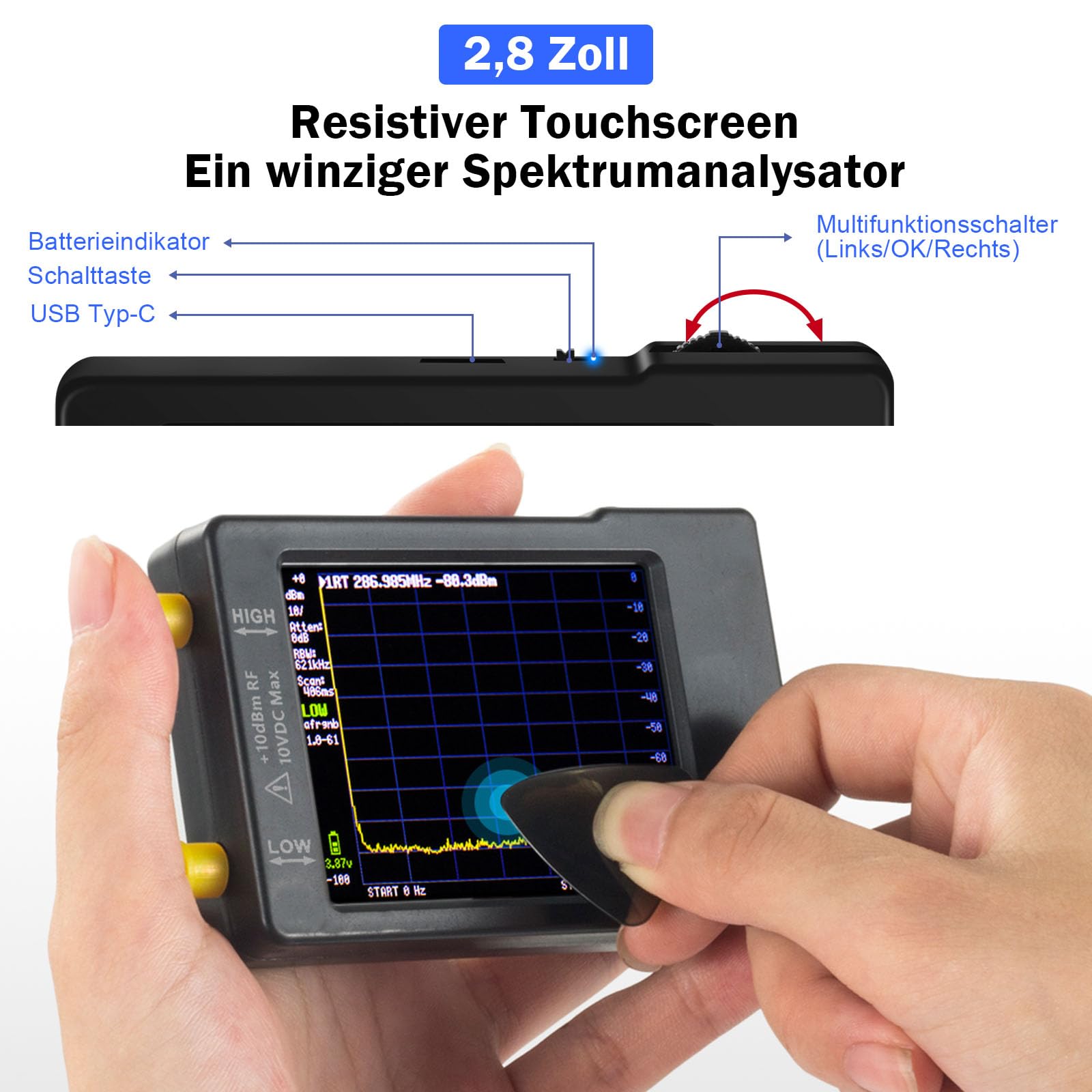 AURSINC TinySA Spektrumanalysator Handheld, 2,8 Zoll Touchscreen V0.3.1 Signalgenerator 100 kHz bis 960 MHz MF/HF/VHF UHF-Eingang ESD-geschützte Funktion