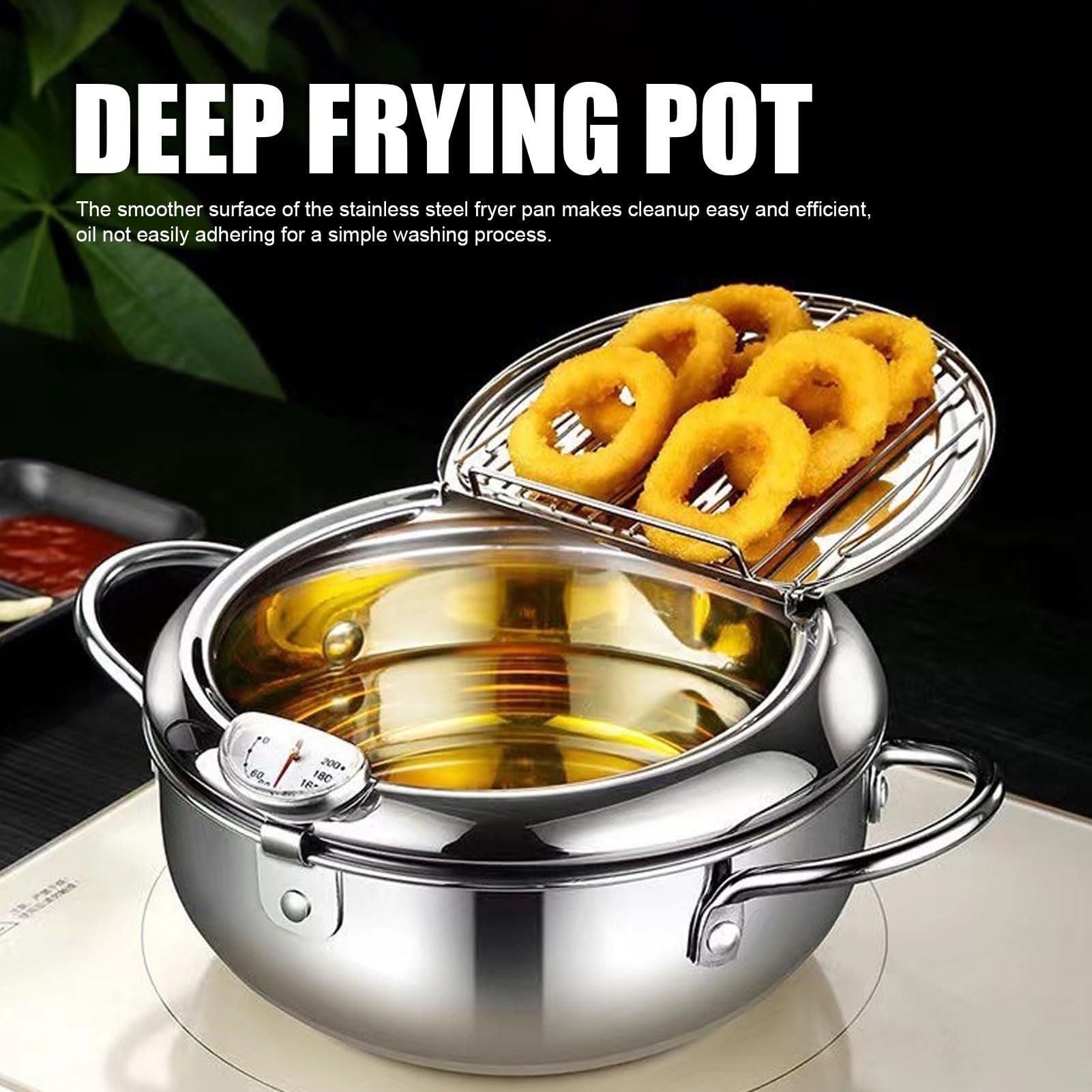 YUEHISY Stainless Steel Fryer Pot, Quickly Heats Evenly, Japanese Style Tempura Frying Pot with Lid and Drainer Rack, for Chicken, French Fries, Seafood (20cm)