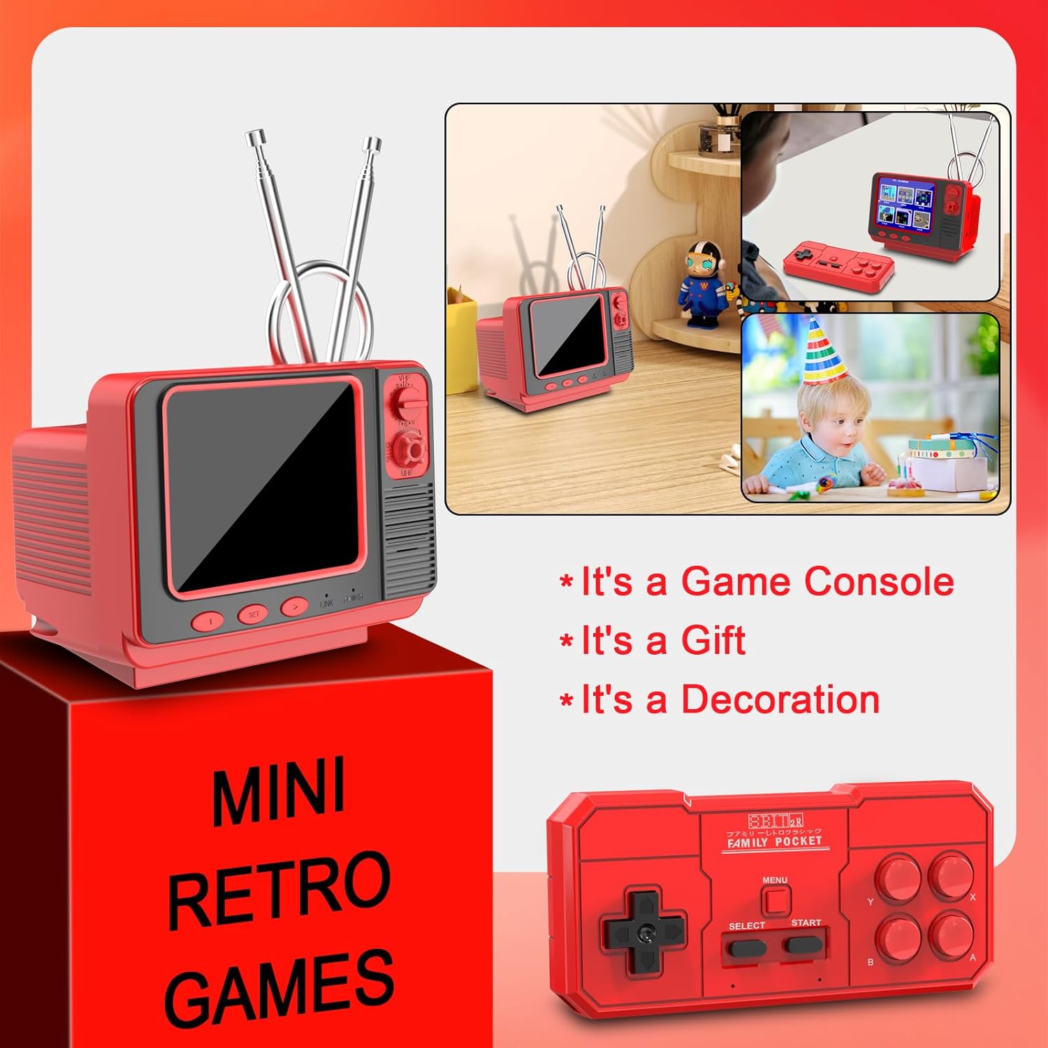 EASEGMER Retro Handheld Game Console - 168 Classic Games | 3.0" Screen | 2-Player Mode | AV Projection | Rechargeable & Portable Design, Ideal Educational Toy for Kids Ages 4-12 (Red) image 6 of 8 B0F9T6MWJ5