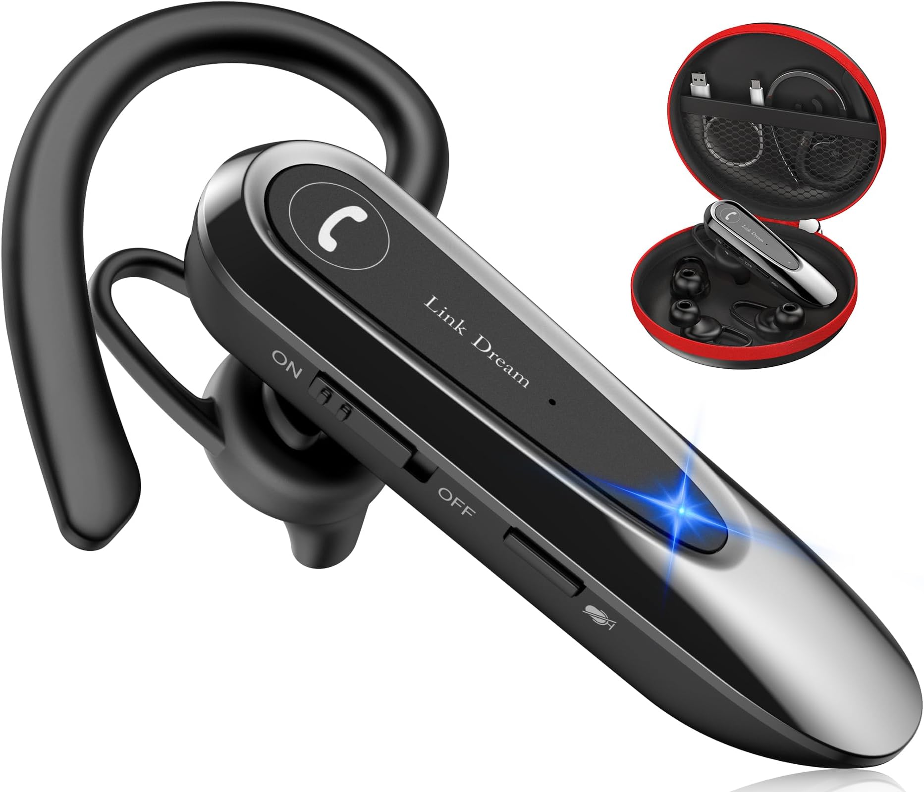 Link Dream Bluetooth Earpiece Wireless CVC8.0 Headset for Cell Phone Dual Mic Noise Canceling Earpiece Phone with Mute Key 20H Talk 180 Days Standby for iPhone Android Home Office Driving (1 Pack)